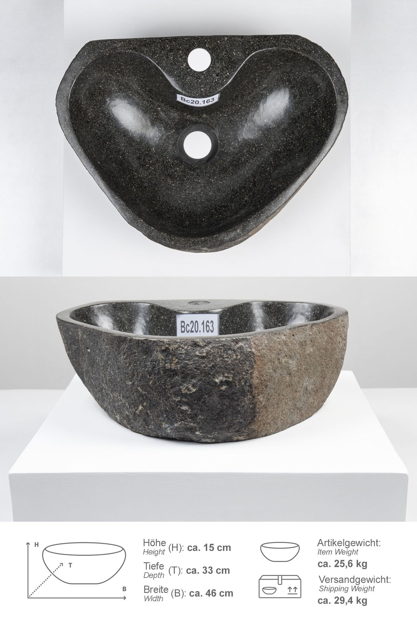 Naturstein-Waschbecken 40 cm mit Hahnloch Bc20.163