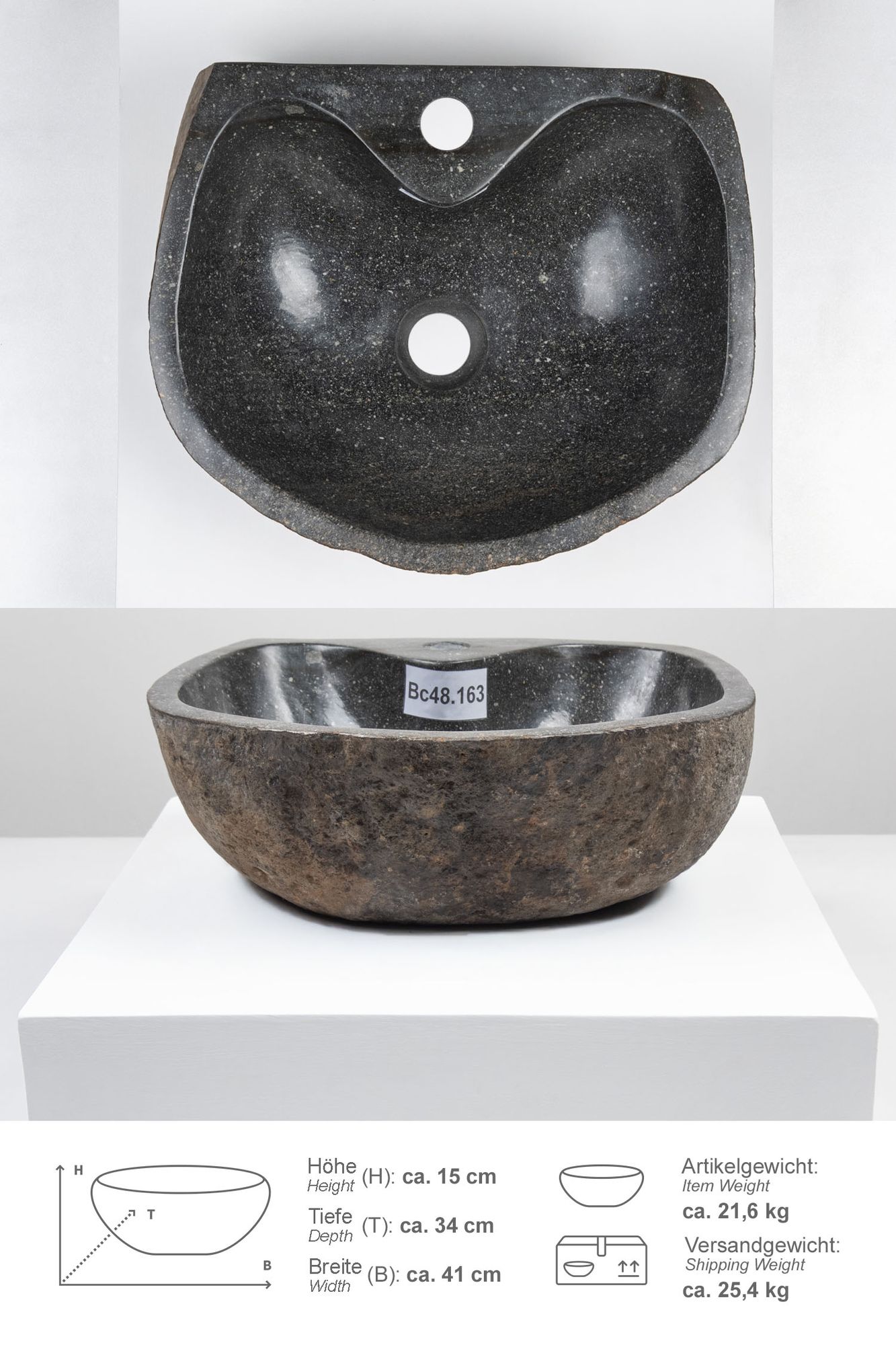Naturstein-Waschbecken 40 cm mit Hahnloch Bc48.163