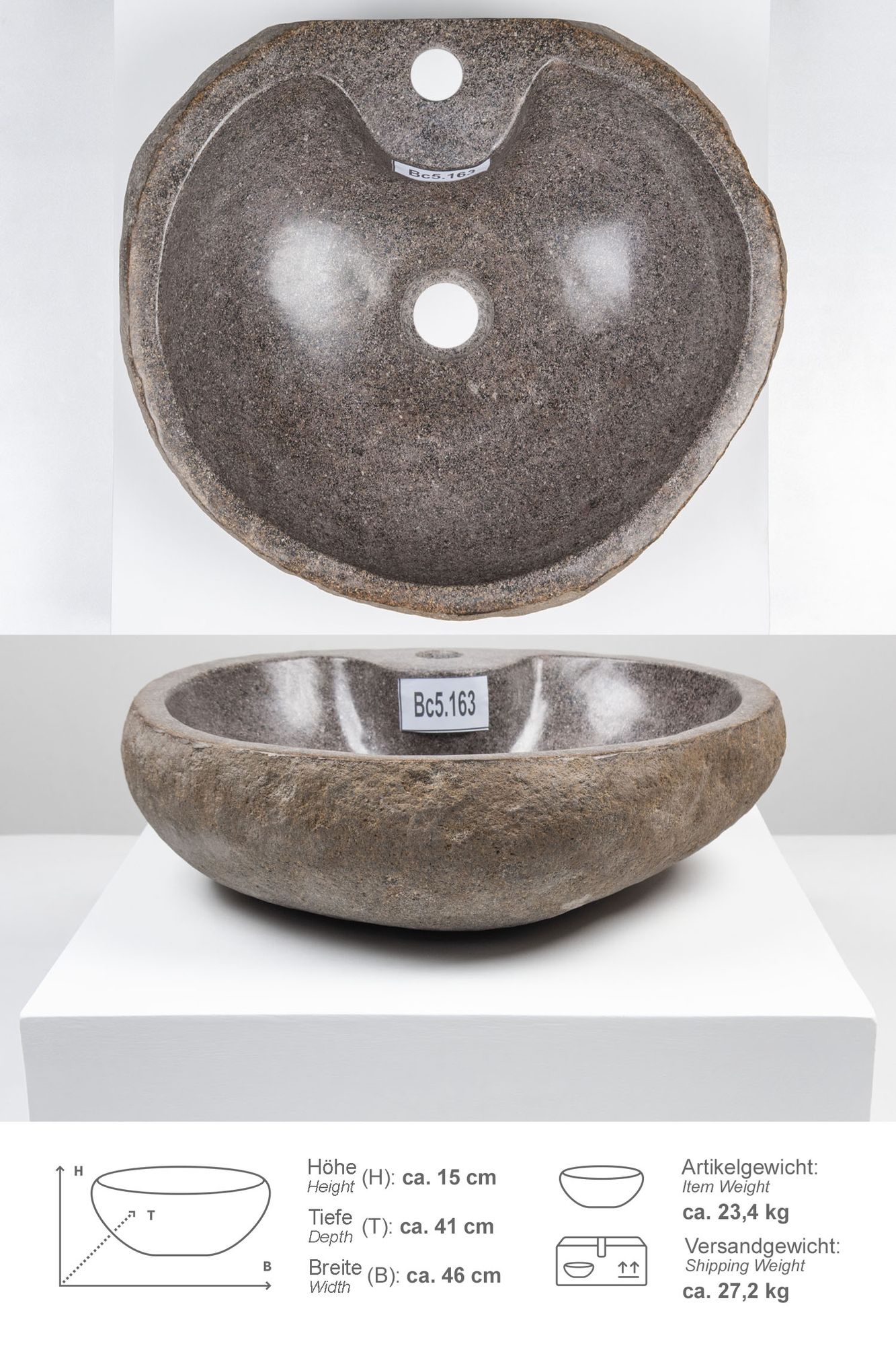 Naturstein-Waschbecken 40 cm mit Hahnloch Bc5.163
