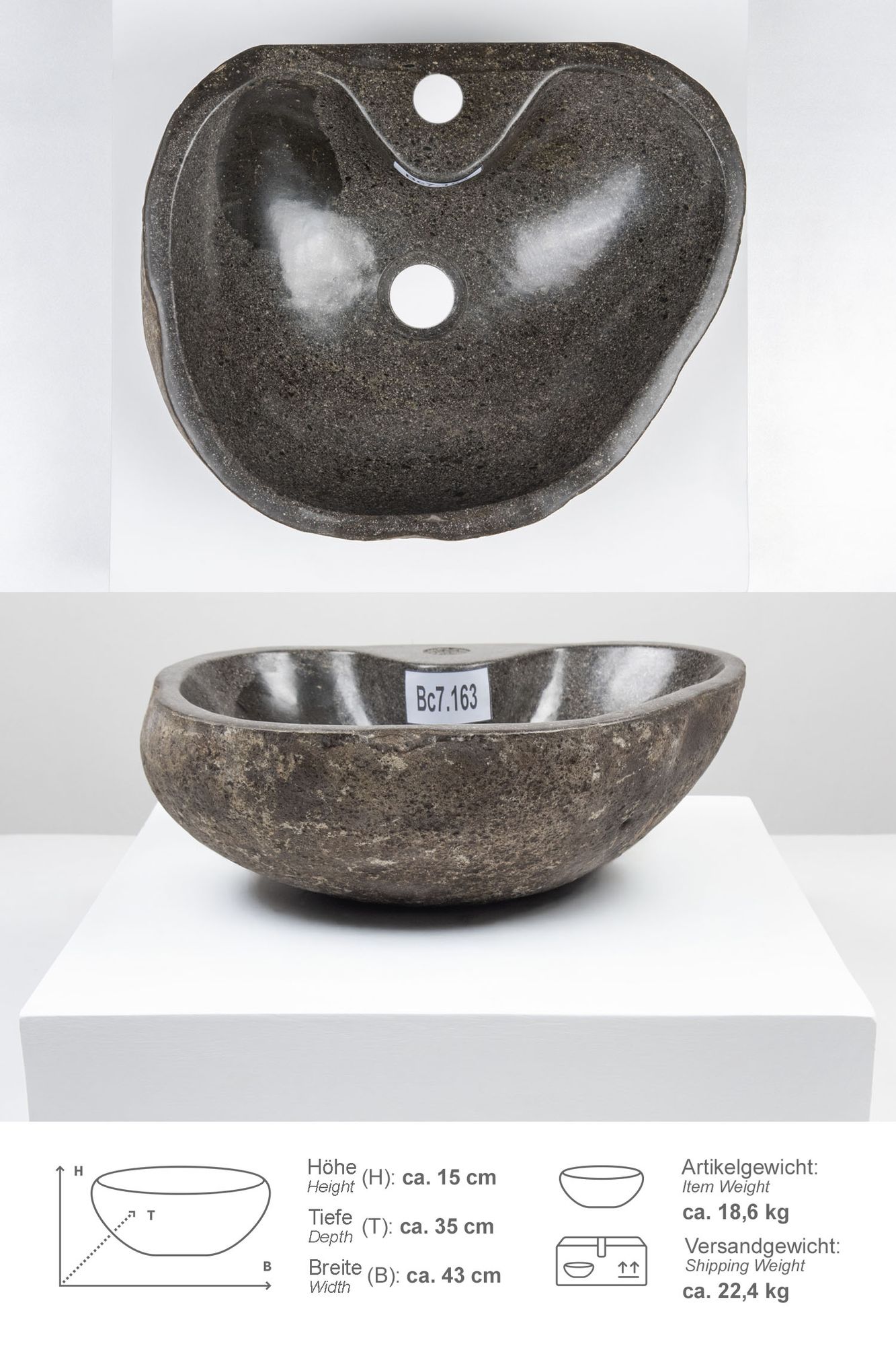 Naturstein-Waschbecken 40 cm mit Hahnloch Bc7.163
