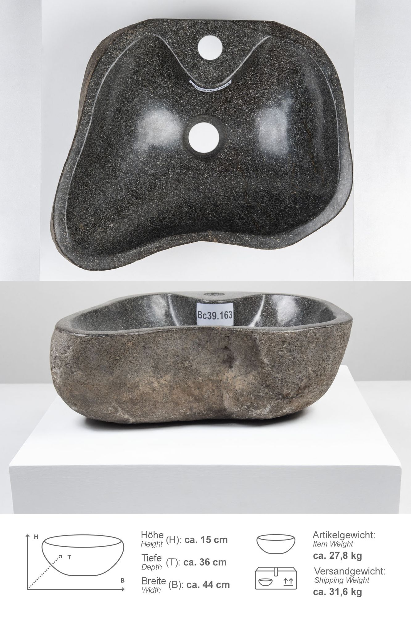 Naturstein-Waschbecken 40 cm mit Hahnloch Bc39.163