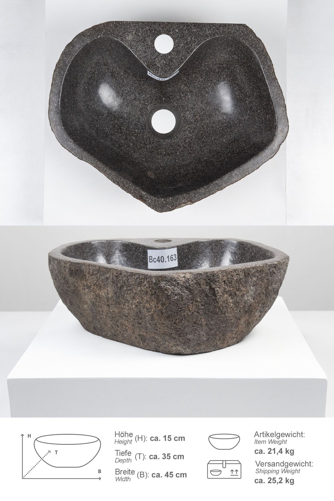 Naturstein-Waschbecken 40 cm mit Hahnloch Bc40.163
