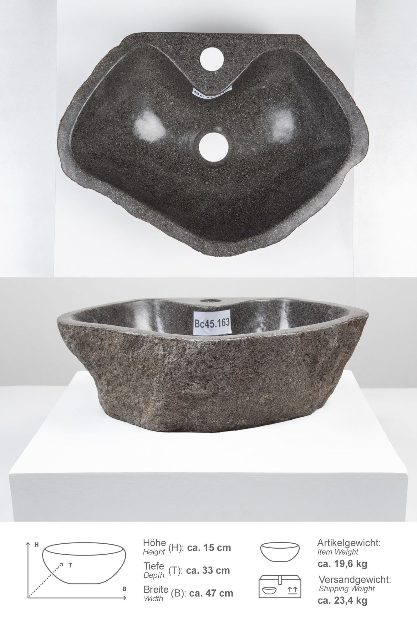 Naturstein-Waschbecken 40 cm mit Hahnloch Bc45.163