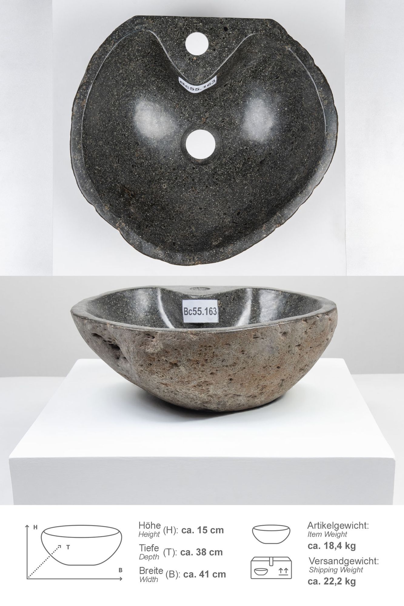 Naturstein-Waschbecken 40 cm mit Hahnloch Bc55.163