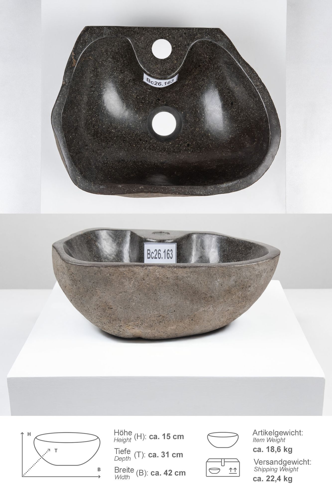 Naturstein-Waschbecken 40 cm mit Hahnloch Bc26.163