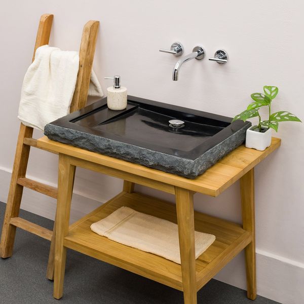 70 cm Andesit Stein-Waschbecken KOTAK schwarz eckig Aufsatz-Hand-Waschbecken Badezimmer-Naturstein-Waschbecken Stein-Waschschale Gäste WC Wohnfreuden