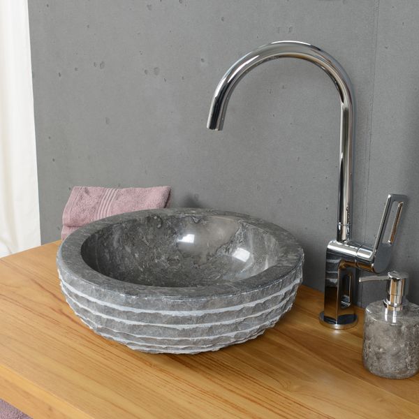 wohnfreuden Marmor Waschbecken BASCOM ROWFISH 35 cm schwarz rund