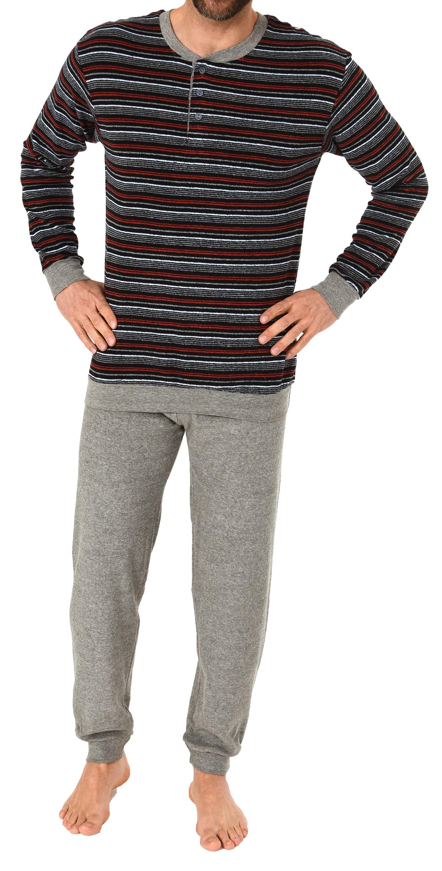 Herren Frottee Pyjama lang mit Bündchen und Knopfleiste am Hals Streifenoptik 271 101 93 005