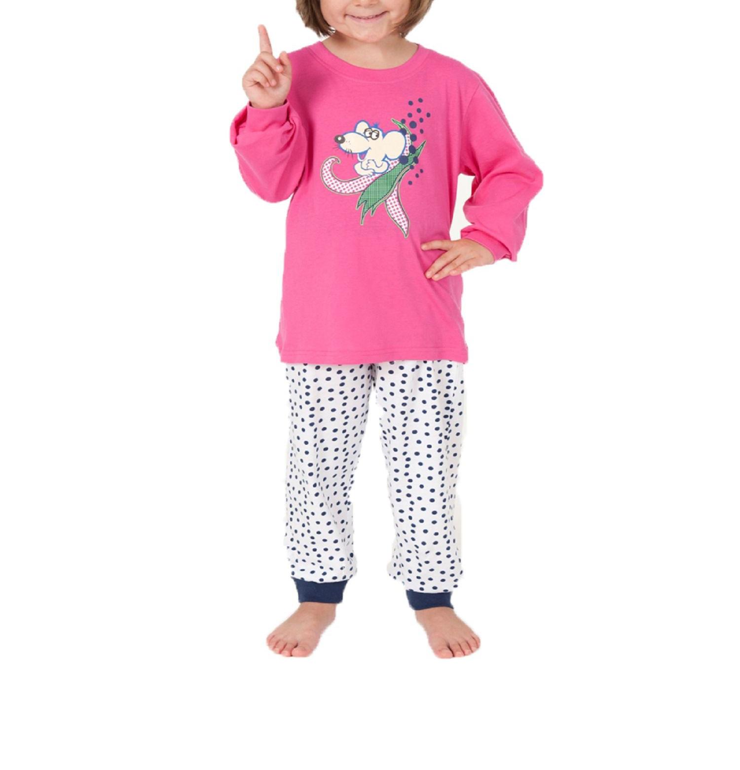 Mädchen Schlafanzug Pyjama mit Bündchen - coole Tupfen - Punkte Optik und Maus als Motiv