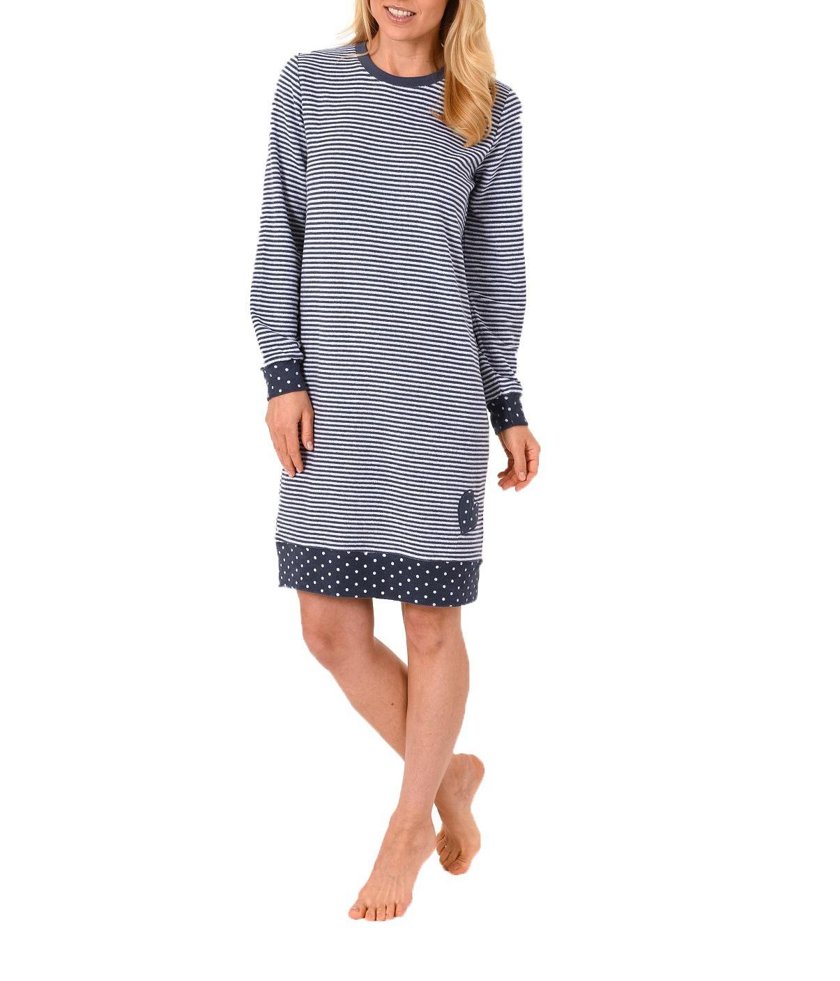 Damen Frottee Nachthemd mit Tupfen Punkten, Streifen + Bündchen Rundhals 59368 NEW Damen Frottee Nachthemd mit Tupfen Punkten, Streifen + Bündchen Rundhals 59368 NEW