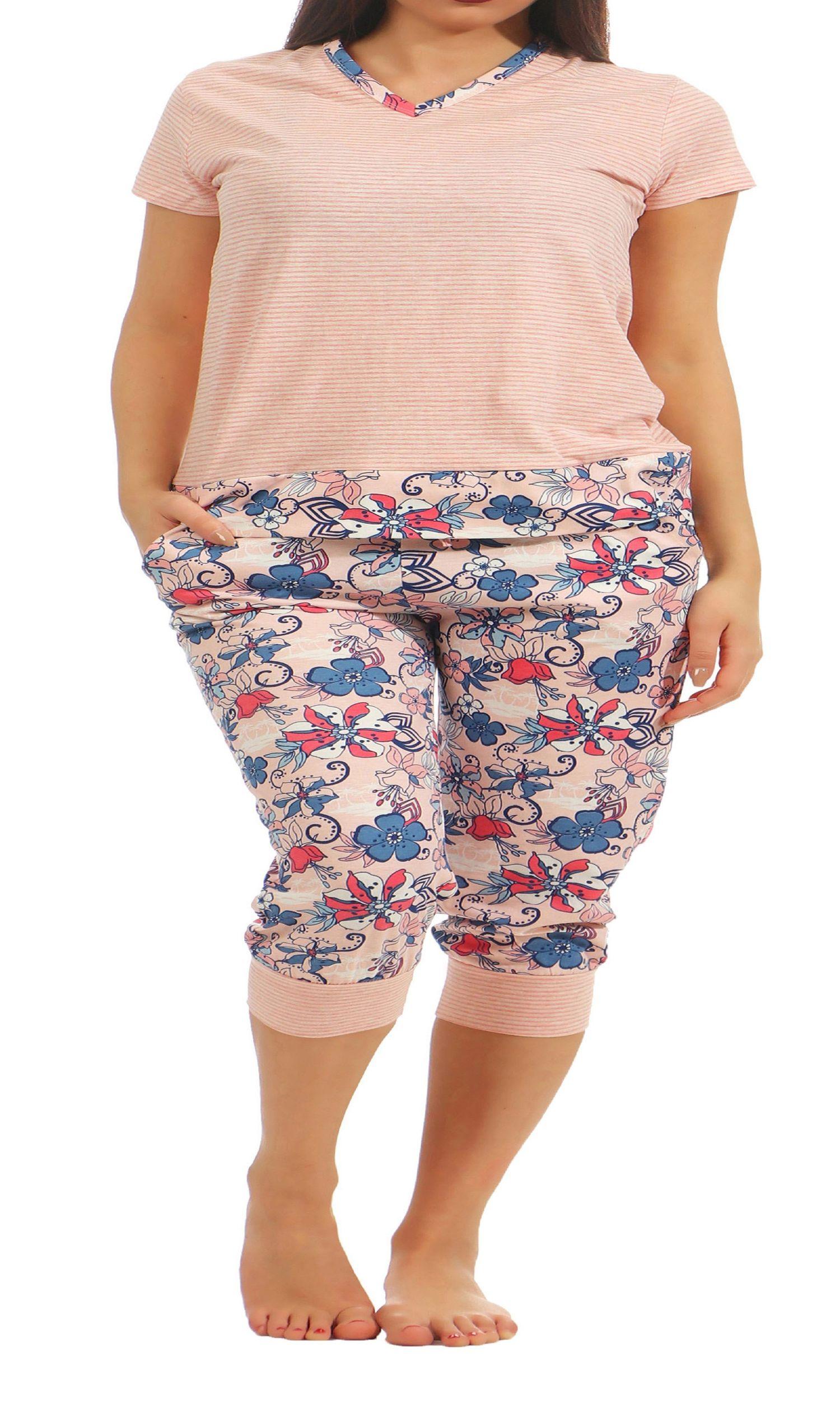 Normann Damen Capri Schlafanzug Pyjama mit ¾ Caprihose kurzarm 181 204 90 106