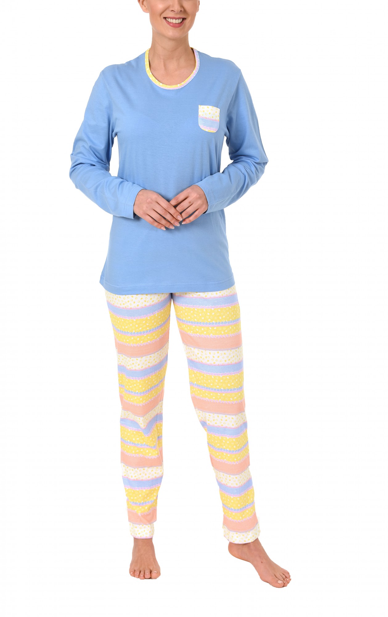 Schöner Damen Pyjama langarm in toller farbenfroher Optik – 60729
