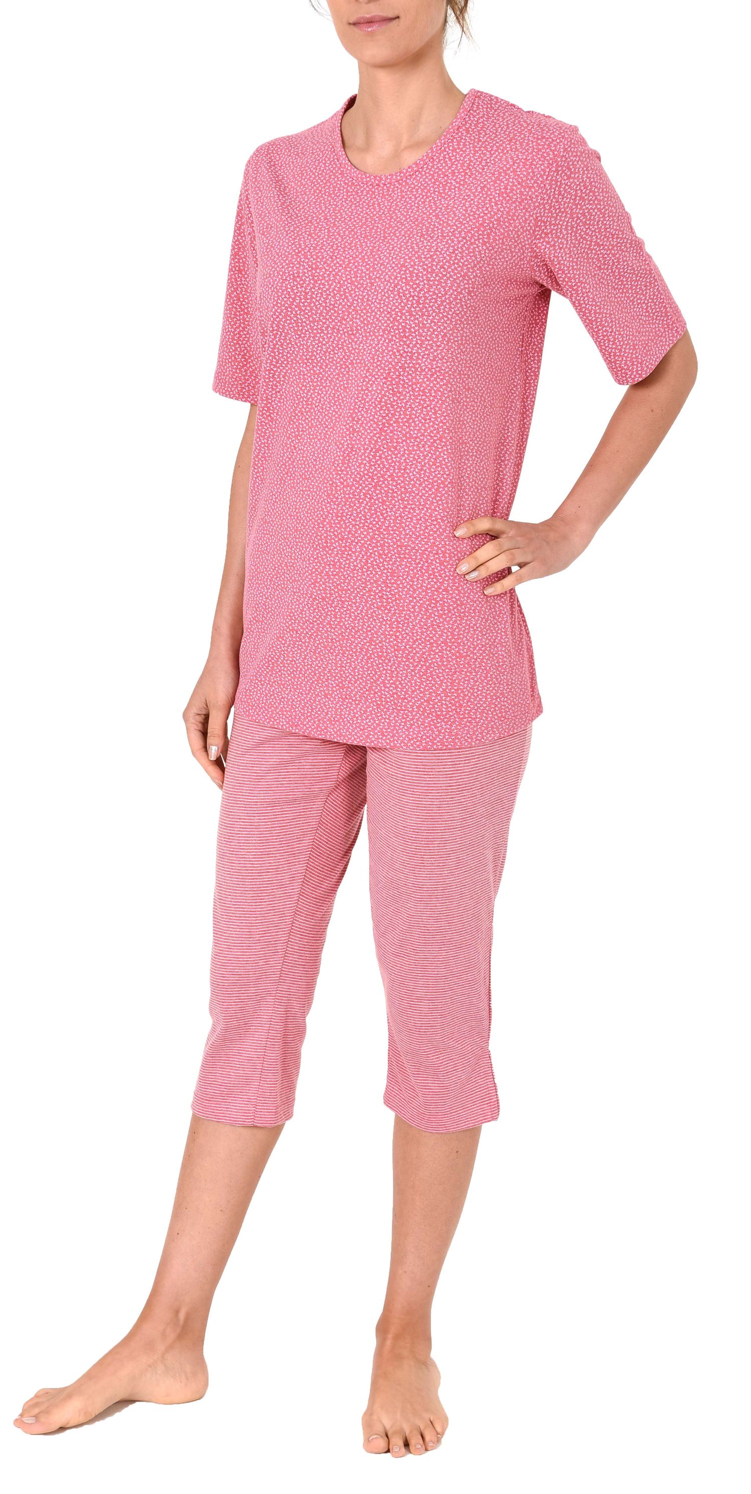 Damen Capri Pyjama kurzarm Schlafanzug mit Schmetterling Tupfen Top und Ringelhose 60681