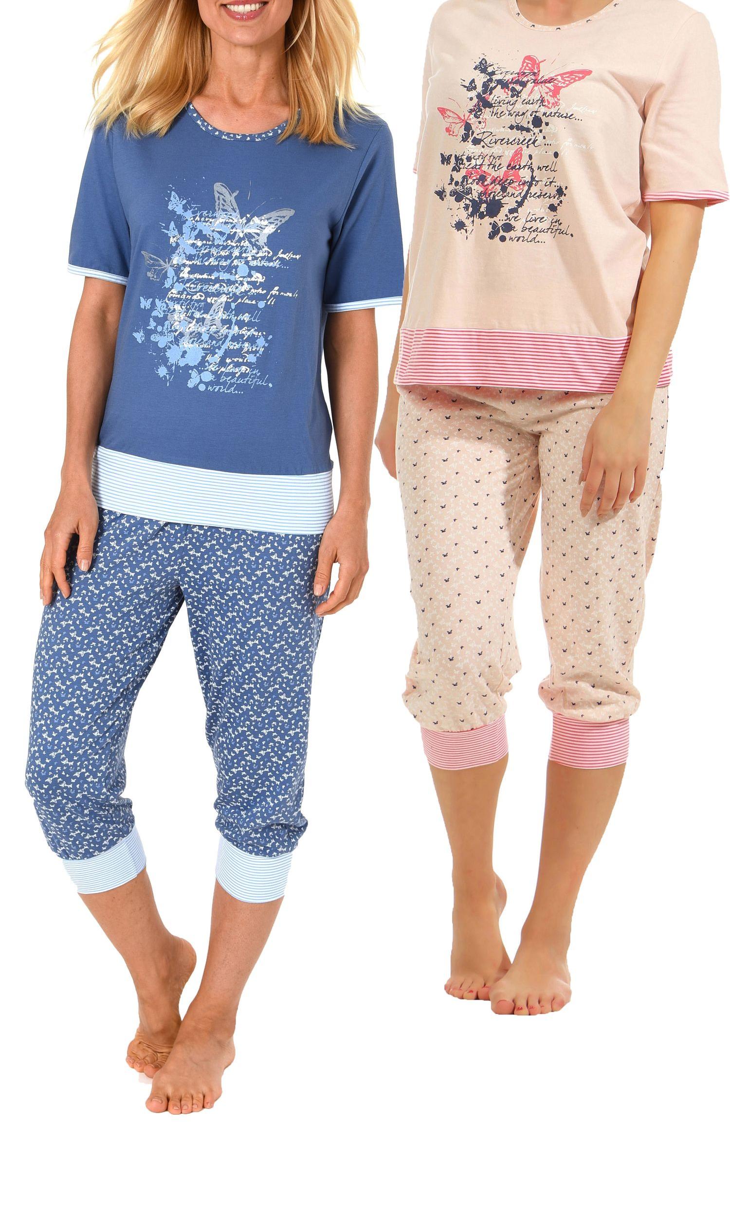 Zweierpack Damen Capri Pyjama Schlafanzüge Kurzarm mit Rundhals und Bündchen 60774 Zweierpack Damen Capri Pyjama Schlafanzüge Kurzarm mit Rundhals und Bündchen 60774