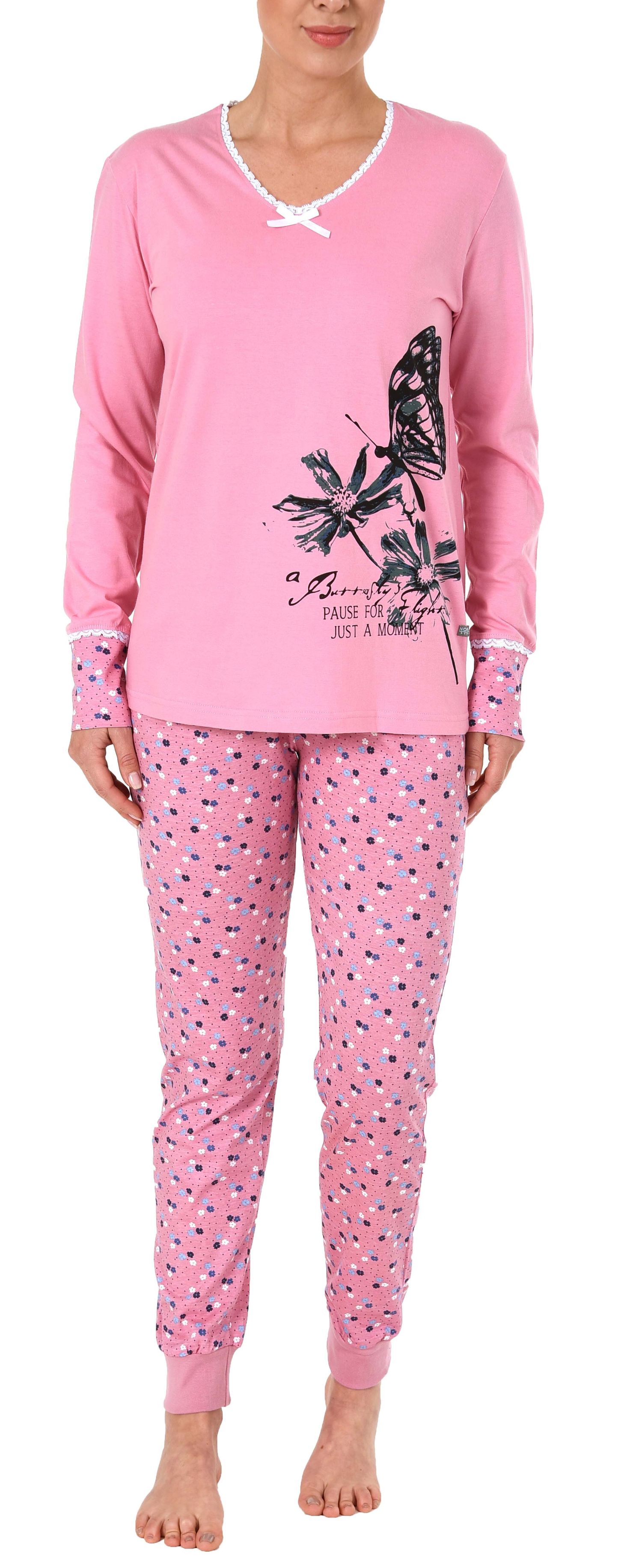 Damen Schlafanzug Pyjama langarm mit Spitze, abgesetzten Bündchen und Blumem Tupfen Design