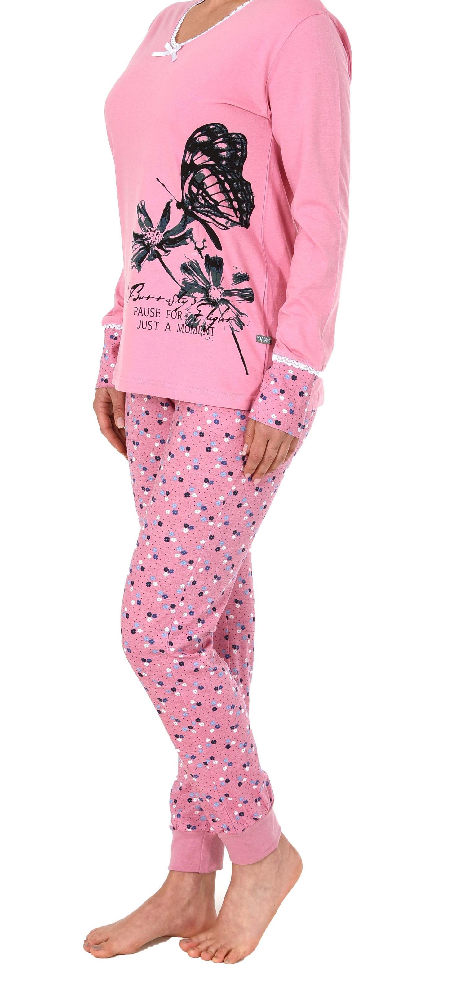Damen Schlafanzug Pyjama langarm mit Spitze, abgesetzten Bündchen und Blumem Tupfen Design