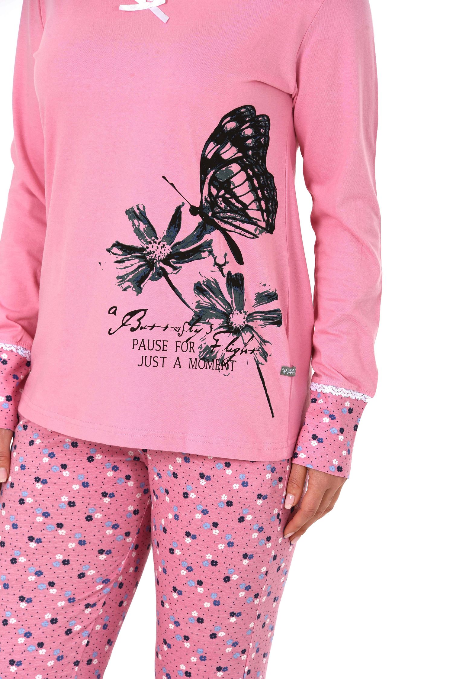 Damen Schlafanzug Pyjama langarm mit Spitze, abgesetzten Bündchen und Blumem Tupfen Design