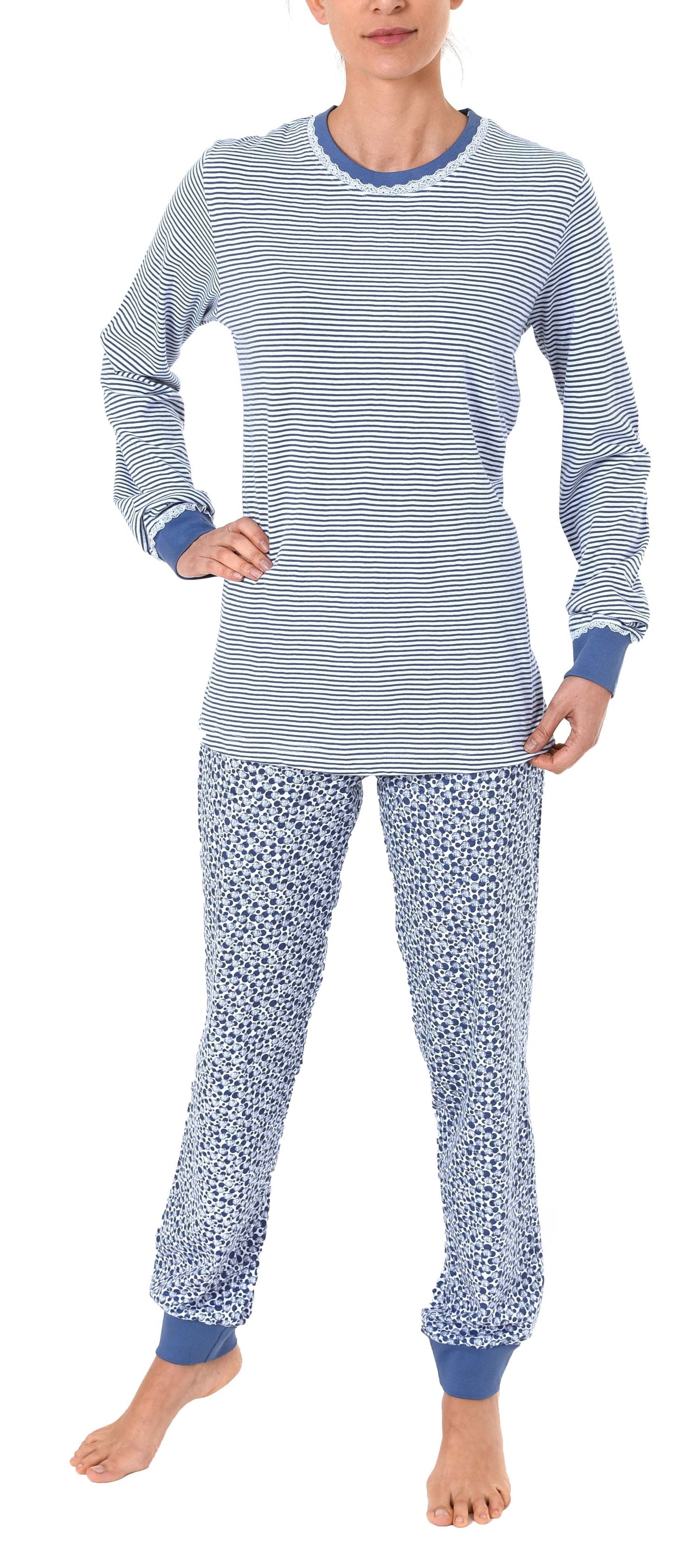 Damen Schlafanzug Pyjama langarm mit Bündchen, Hose Tupfenoptik, Top Streifendesign 60775 Damen Schlafanzug Pyjama langarm mit Bündchen, Hose Tupfenoptik, Top Streifendesign 60775