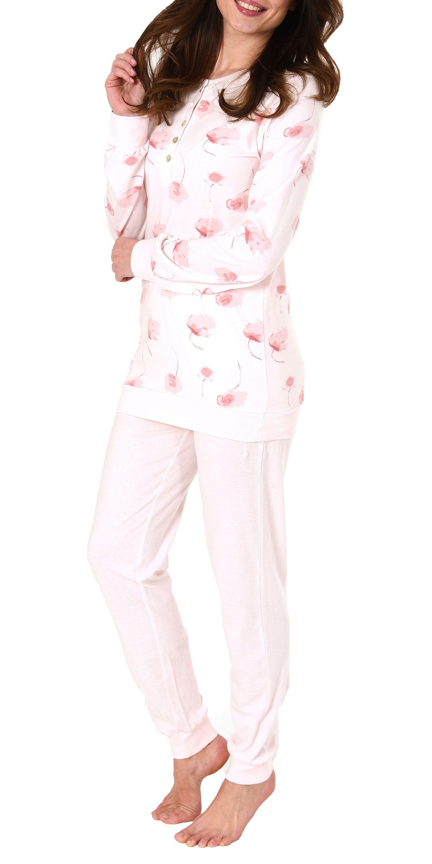 Damen Pyjama Schlafanzug langarm mit Bündchen und Knopfleiste am Hals - 281 201 90 193