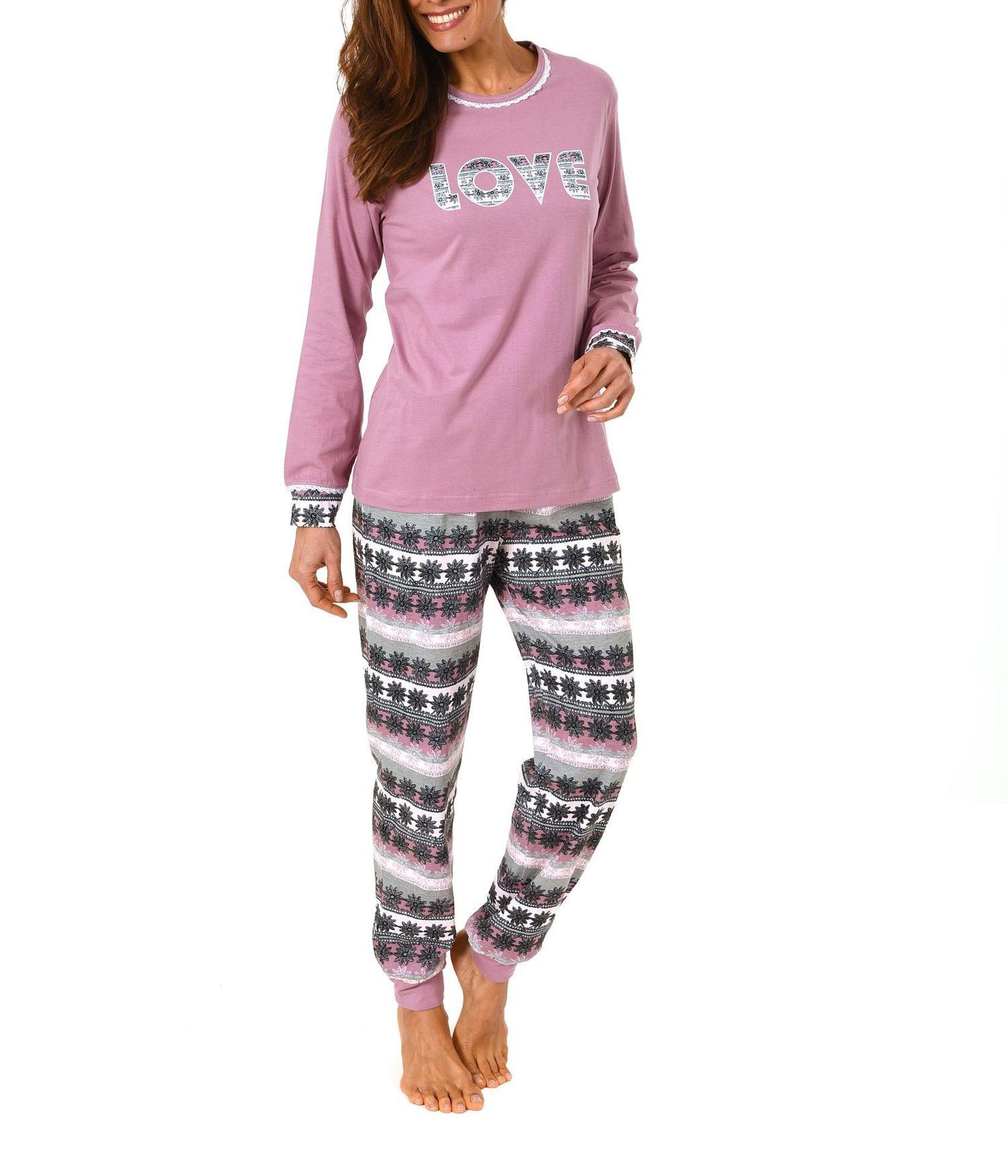 Cooler Damen Pyjama Schlafanzug langarm mit Bündchen und Motivspruch "Love" – 61559