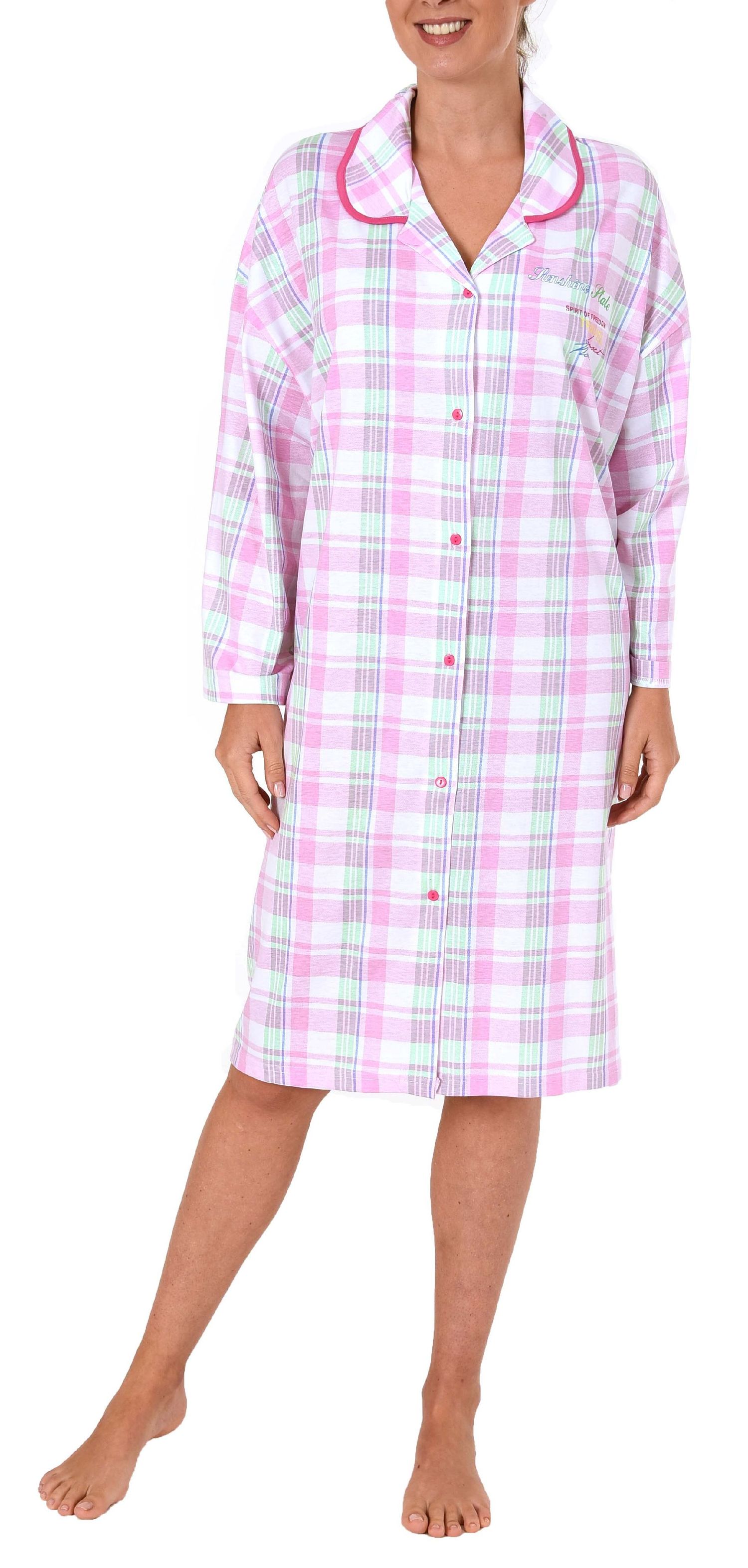 Durchgeknöpftes Nachthemd für Damen, Bigshirt kurzarm in Übergrößen: 52-60 - 52600 NORMANN Damen Nachthemd kurzarm zum durchknöpfen in Übergrößen - 52600