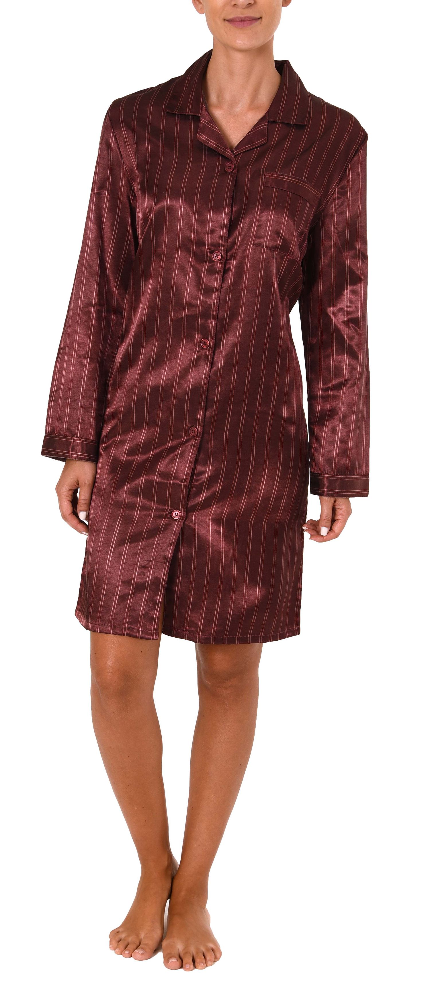 Elegantes Satin Nachthemd mit langen Ärmeln zum durchgeknöpfen - 61511