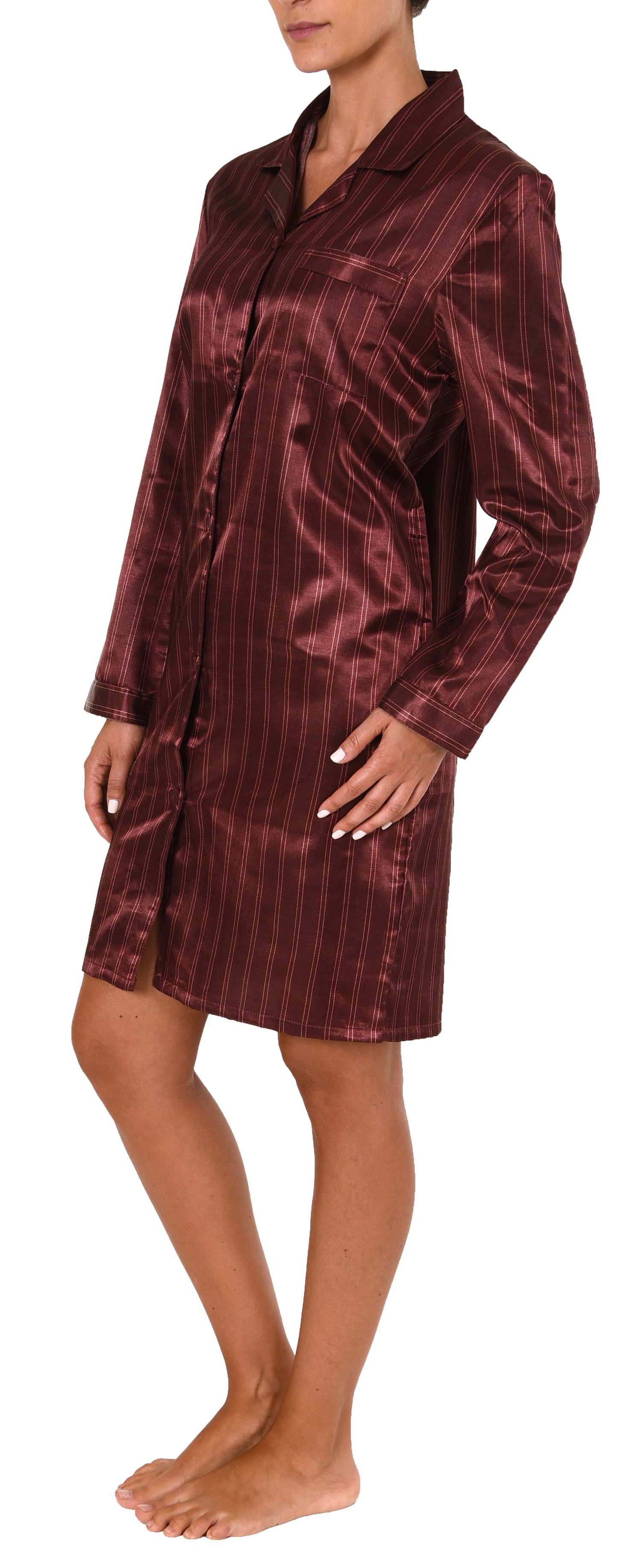 Elegantes Satin Nachthemd mit langen Ärmeln zum durchgeknöpfen - 61511