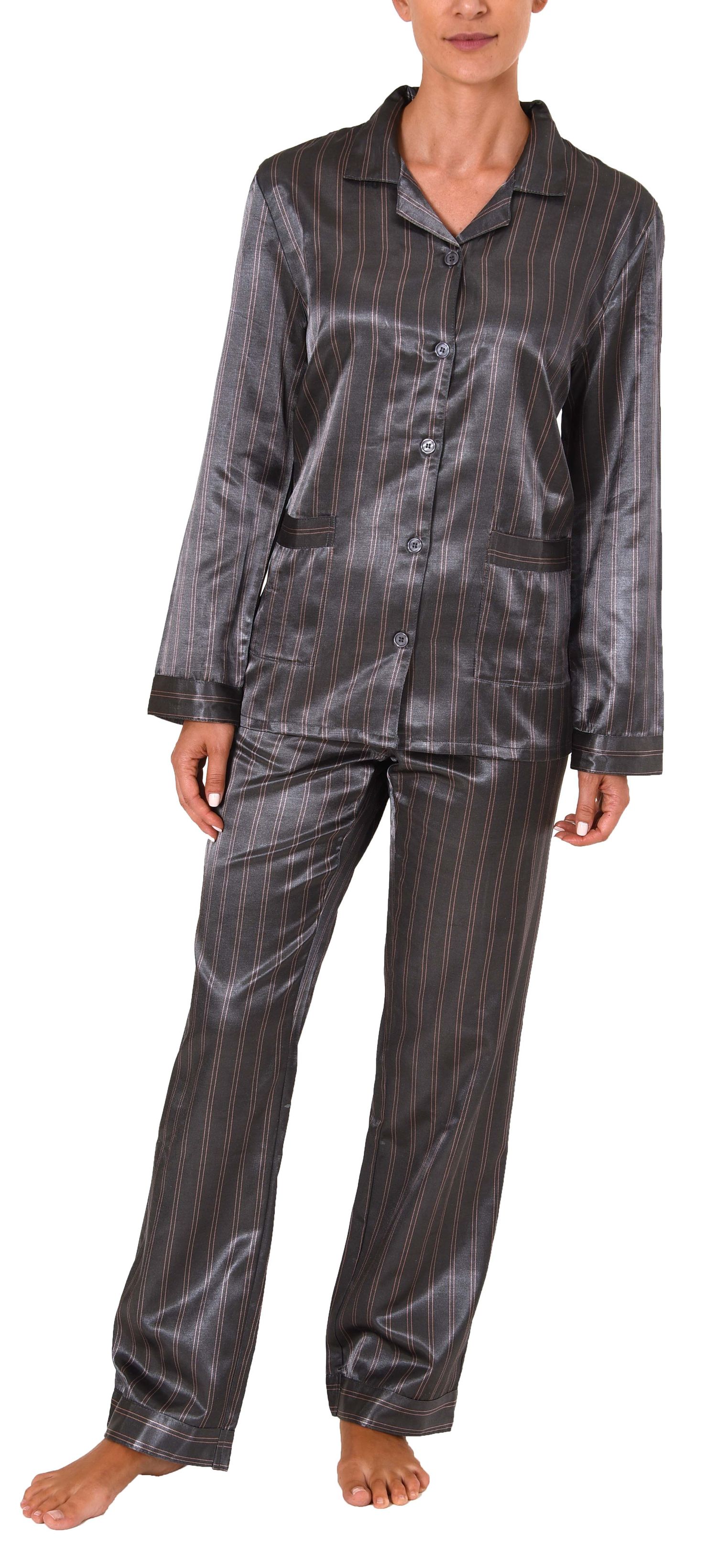 Damen Satin Pyjama Schlafanzug in edler Optik zum durchknöpfen - 191 201 94 002
