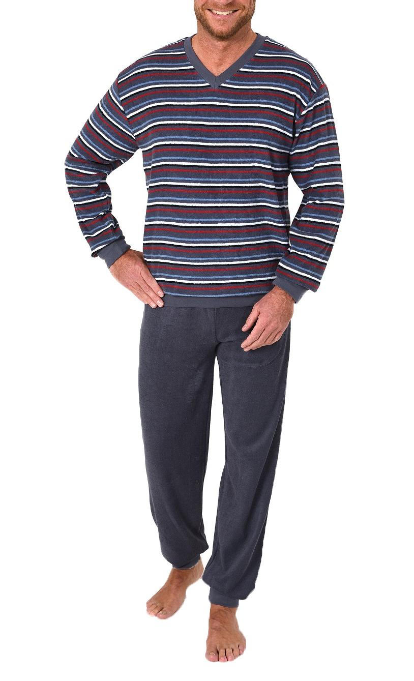 Frottee Herren Pyjama lang mit Bündchen und V-Ausschnit, Ringel-Optik – 59887
