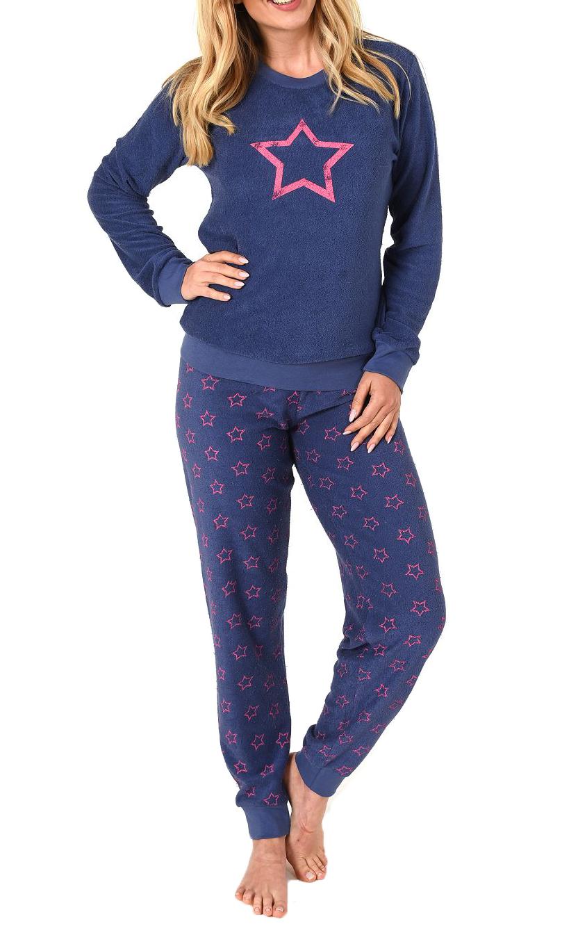 Damen Frottee Pyjama mit Bündchen, langer Schlafanzug in Stern-Design - 59903 Damen Frottee Pyjama mit Bündchen, langer Schlafanzug in Stern-Design - 59903