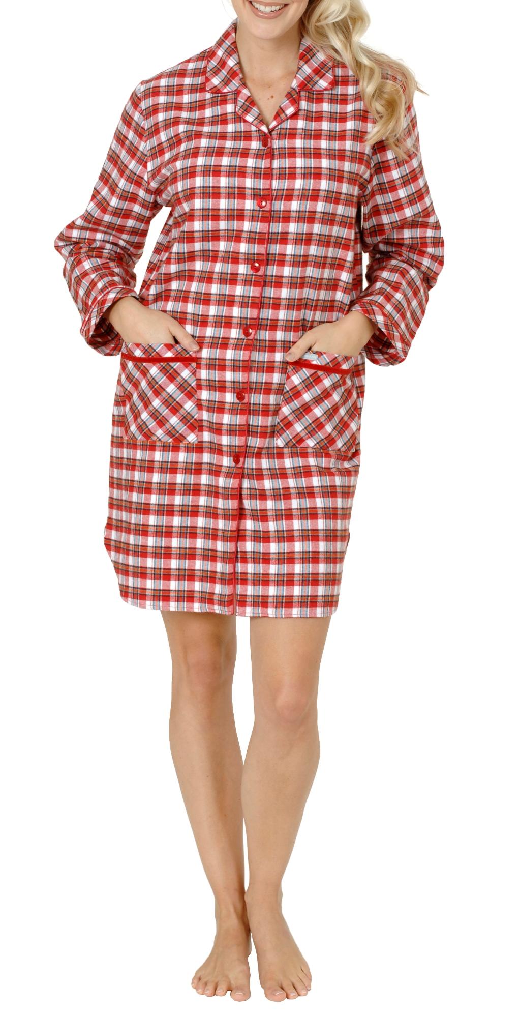 Durchgeknöpftes Flanell Nachthemd für Damen, kariertes Schlafkleid mit Taschen - 51175 Durchgeknöpftes Flanell Nachthemd für Damen, kariertes Schlafkleid mit Taschen - 51175