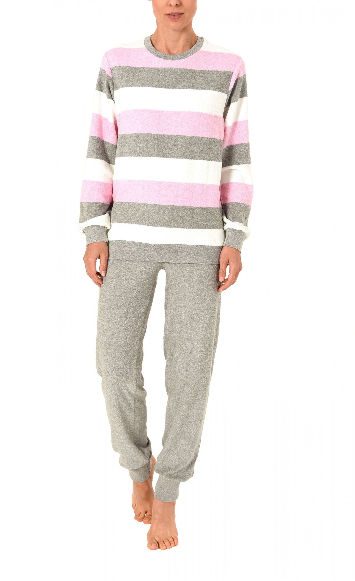 Damen Frottee Pyjama lang mit Bündchen in einer tollen Streifenoptik – 62054