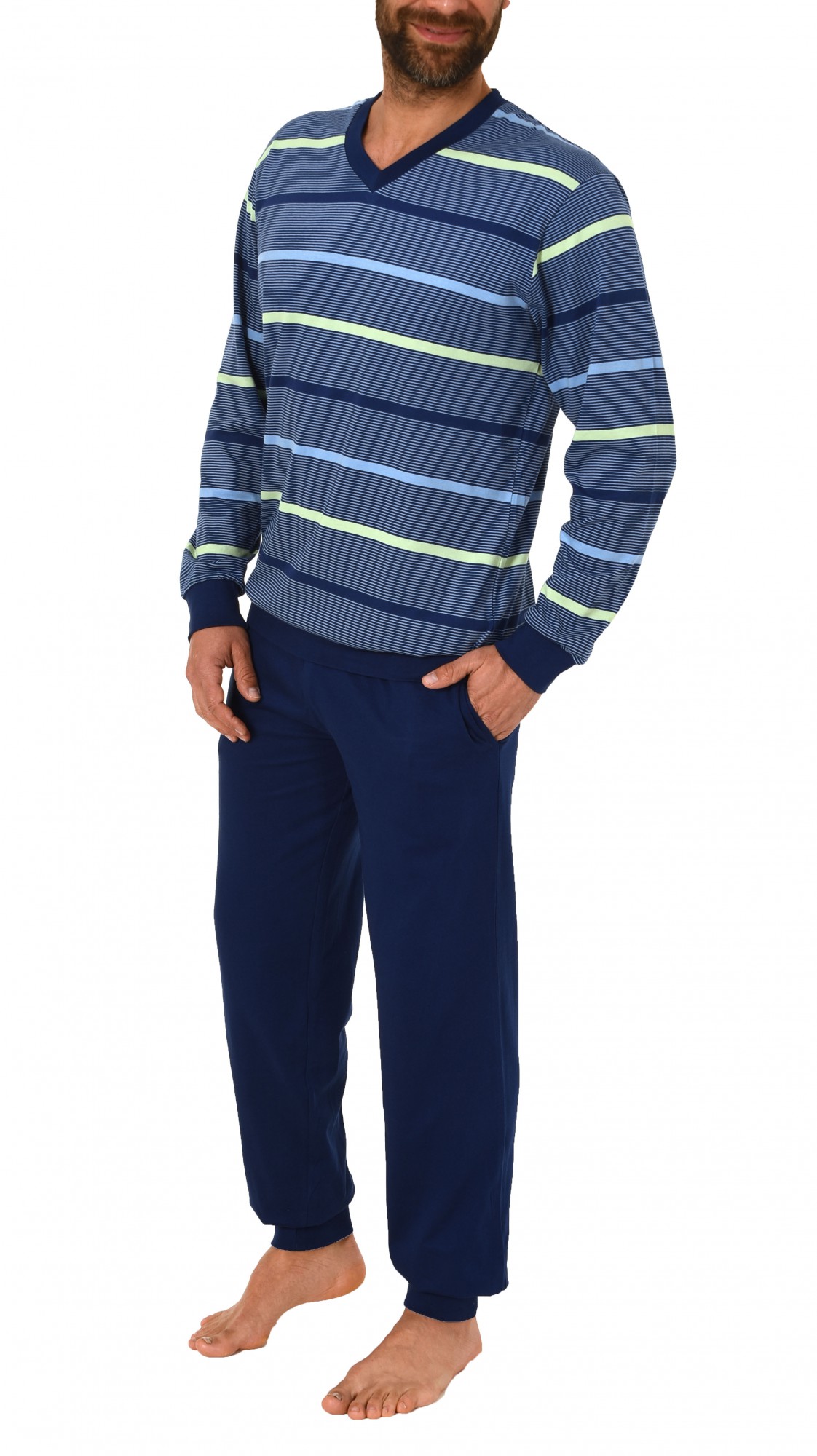 Eleganter Herren Frottee Pyjama Schlafanzug mit Bündchen in toller Streifenoptik - 62055 Eleganter Herren Frottee Pyjama Schlafanzug mit Bündchen in toller Streifenoptik - 62055