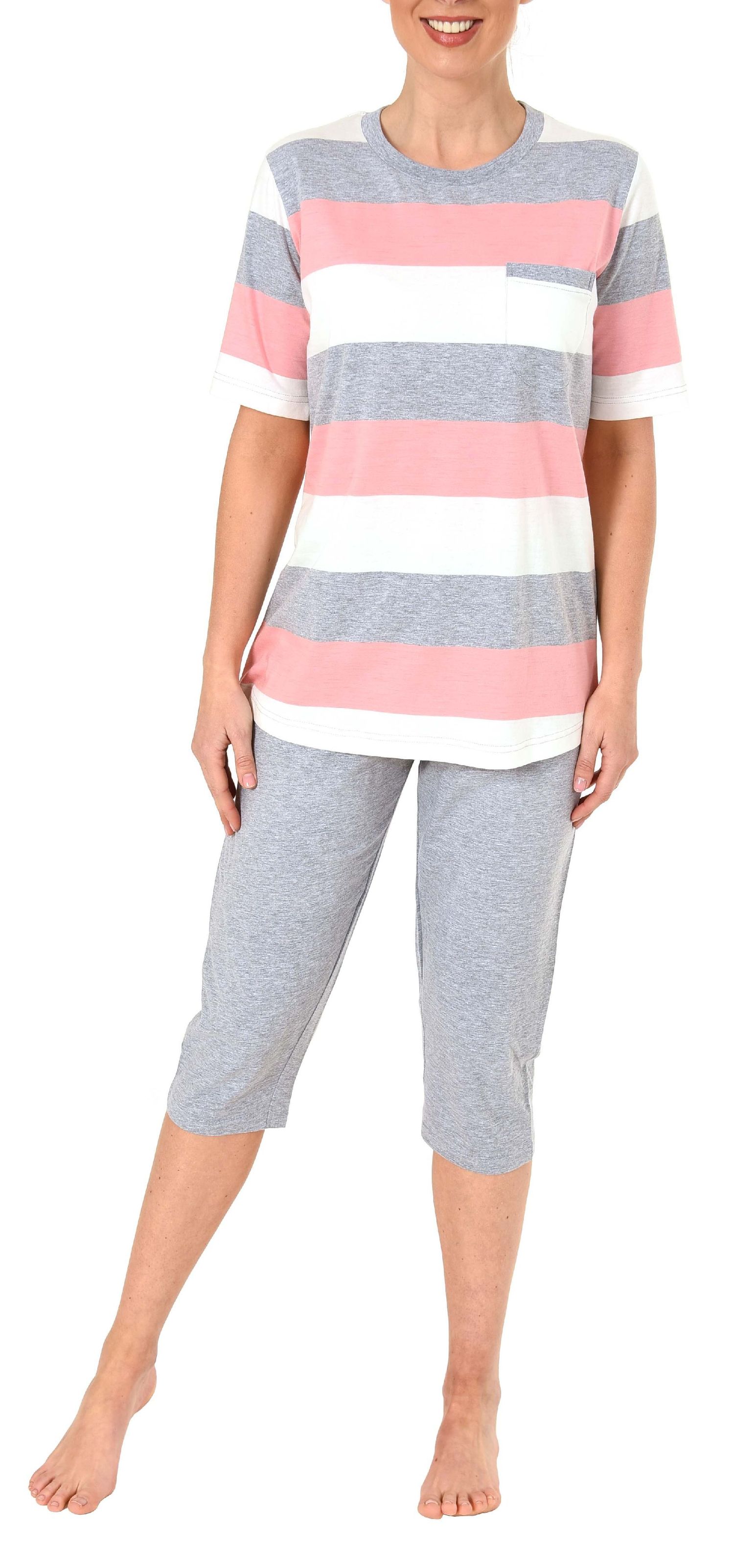 Damen Capri Pyjama kurzarm in wunderschöner Block Streifen Optik - auch in Übergrössen - 191 204 90 101