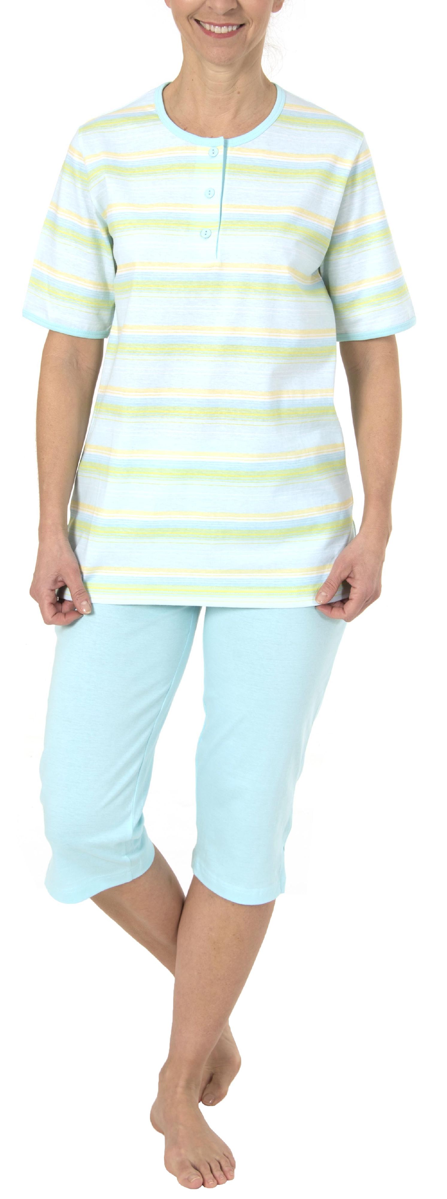 Damen Capri Pyjama Schlafanzug kurzarm in zarter pastellfarbenen Streifenoptik 204 90 863