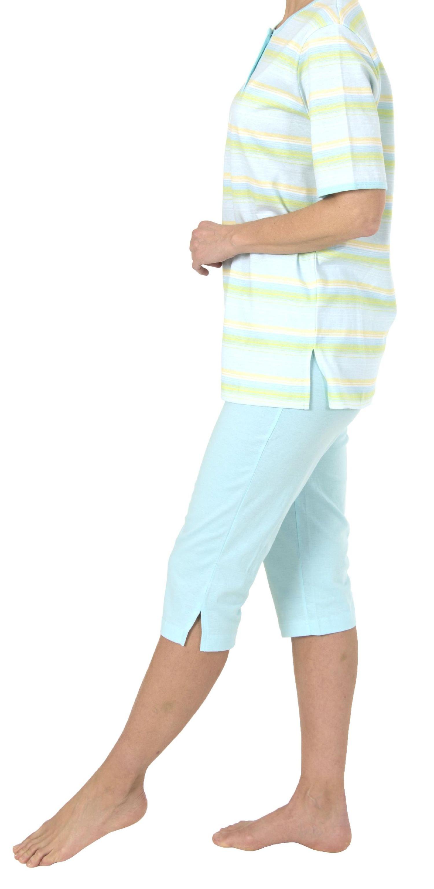 Damen Capri Pyjama Schlafanzug kurzarm in zarter pastellfarbenen Streifenoptik 204 90 863