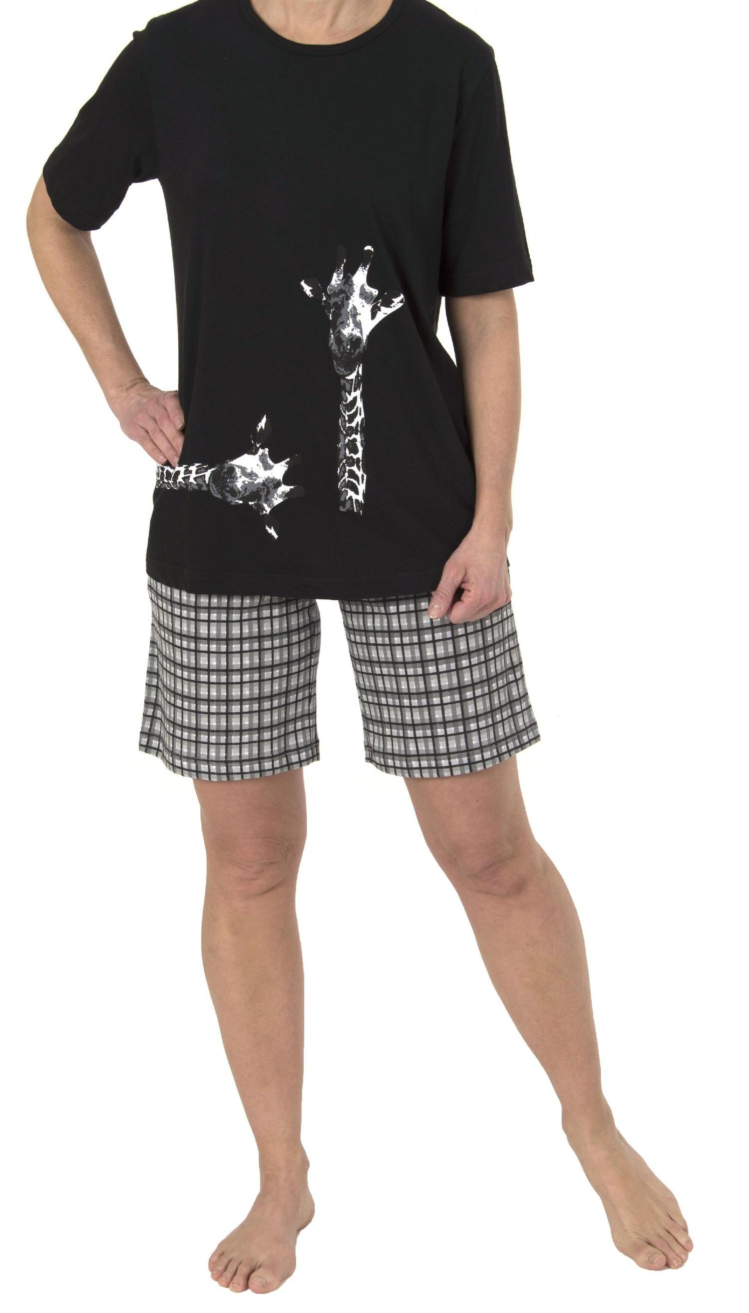 Damen Shorty Pyjama kurzarm, kurze Hose mit Karomuster, Giraffenmotiv, auch in Übergrössen 191 205 90 100 Damen Shorty Pyjama kurzarm, kurze Hose mit Karomuster, Giraffenmotiv, auch in Übergrössen 191 205 90 100