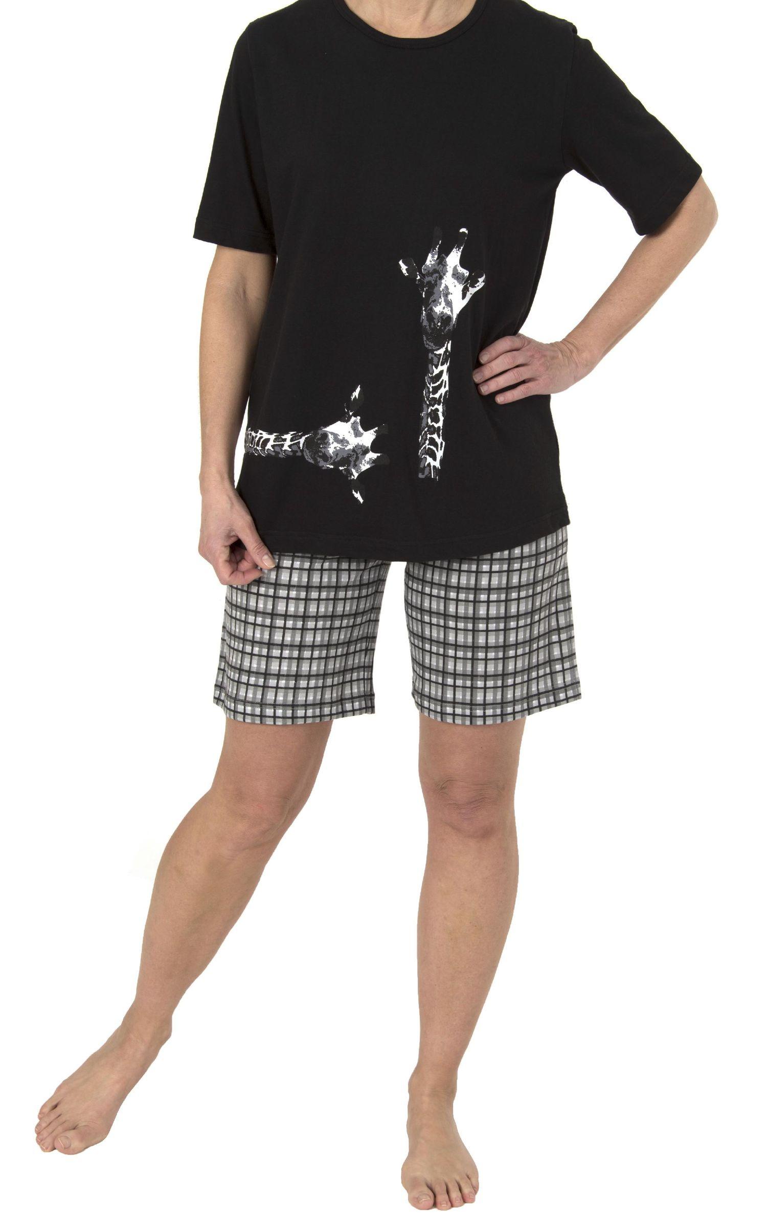 Damen Shorty Pyjama kurzarm, kurze Hose mit Karomuster, Giraffenmotiv, auch in Übergrössen 191 205 90 100