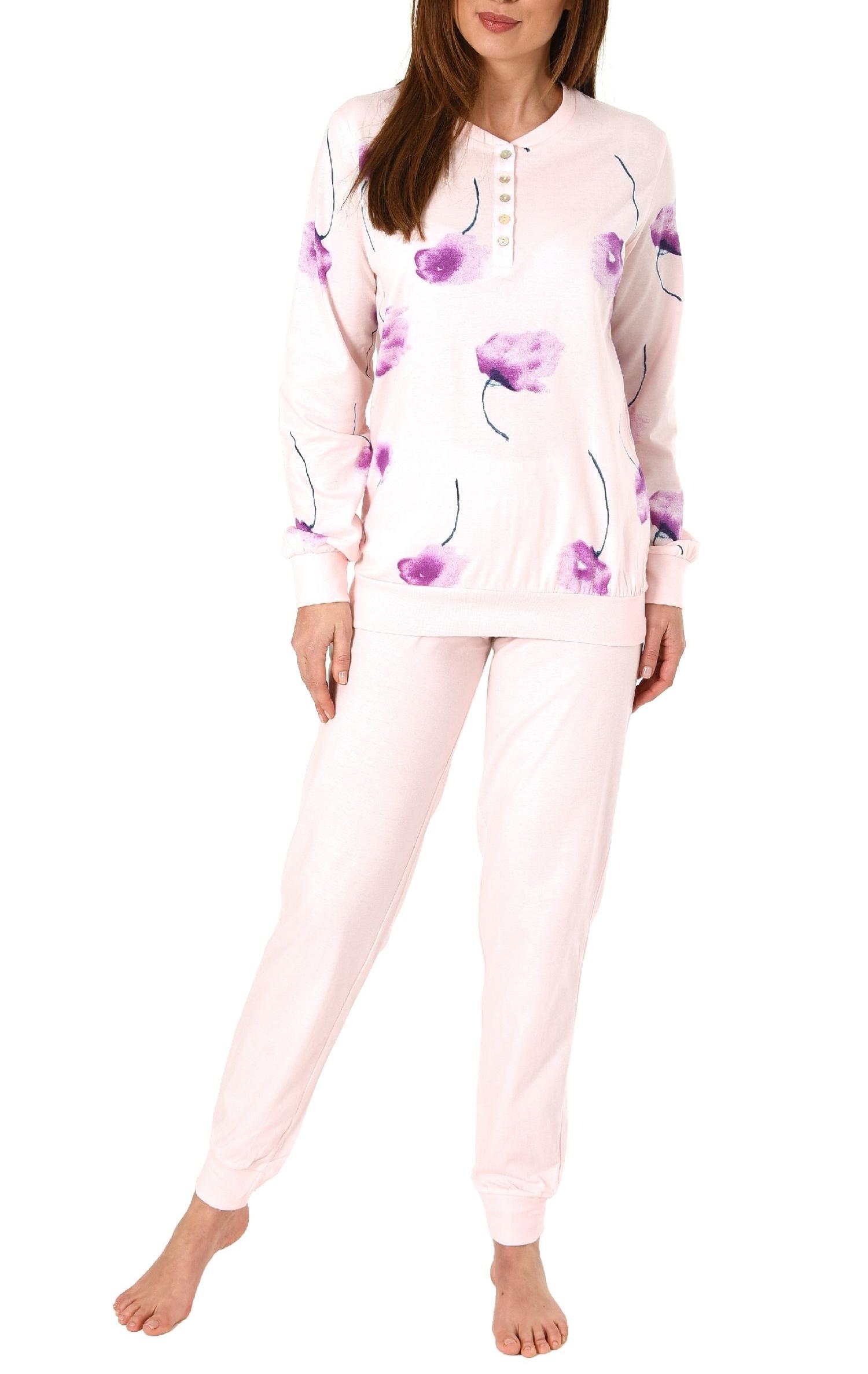 Eleganter Damen Pyjama Schlafanzug langarm mit Bündchen und Blumenprint - 291 201 90 193 Eleganter Damen Pyjama Schlafanzug langarm mit Bündchen und Blumenprint - 291 201 90 193