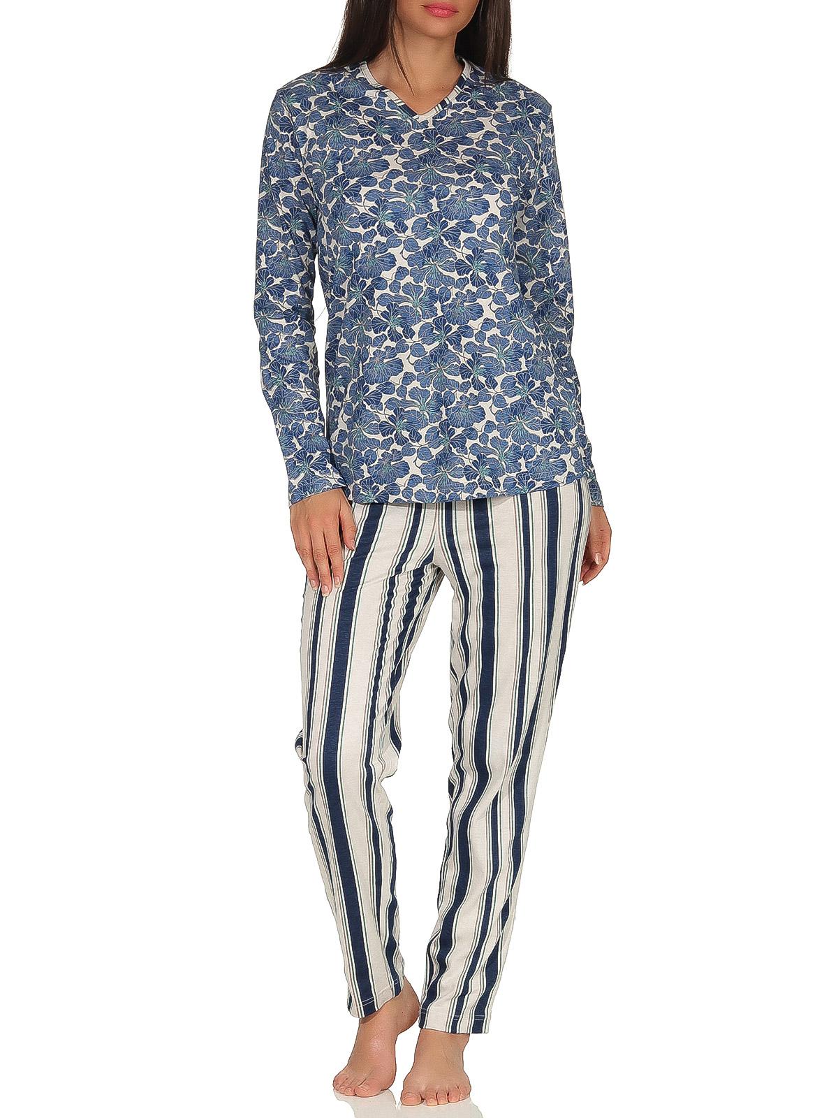 Lässiger Damen Pyjama Schlafanzug langarm - Hose Streifenoptik, Oberteil florales Muster Lässiger Damen Pyjama Schlafanzug langarm - Hose Streifenoptik, Oberteil florales Muster