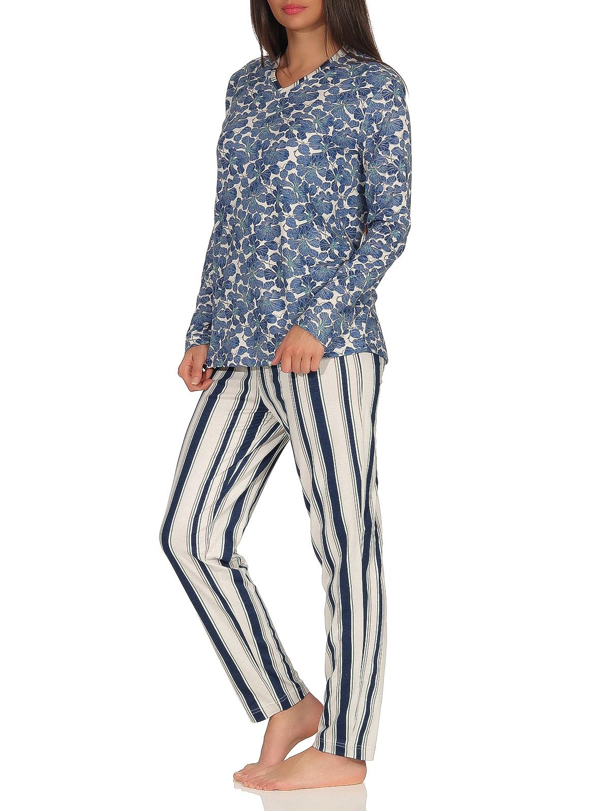 Lässiger Damen Pyjama Schlafanzug langarm - Hose Streifenoptik, Oberteil florales Muster 291 201 90 350 Lässiger Damen Pyjama Schlafanzug langarm - Hose Streifenoptik, Oberteil florales Muster