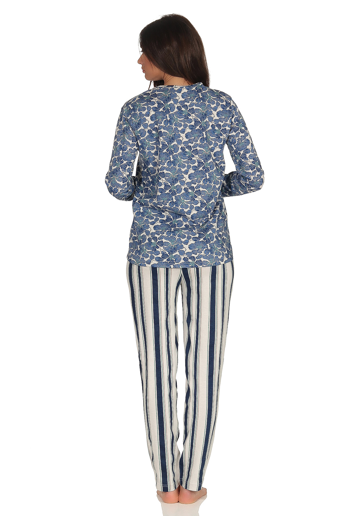 Lässiger Damen Pyjama Schlafanzug langarm - Hose Streifenoptik, Oberteil florales Muster 291 201 90 350 Lässiger Damen Pyjama Schlafanzug langarm - Hose Streifenoptik, Oberteil florales Muster