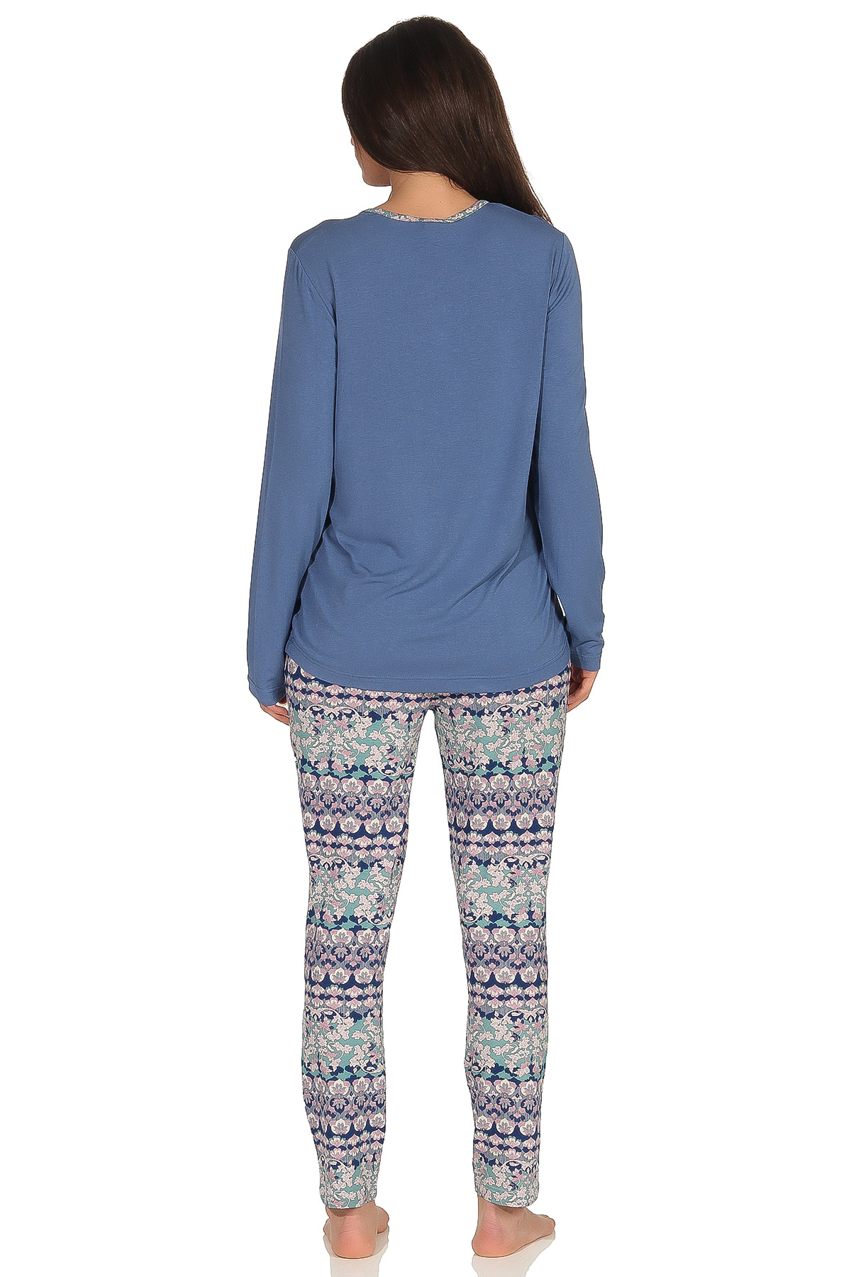 Eleganter Damen Pyjama Schlafanzug lang mit Knopfleiste und gemusterter Hose - 291 90 418