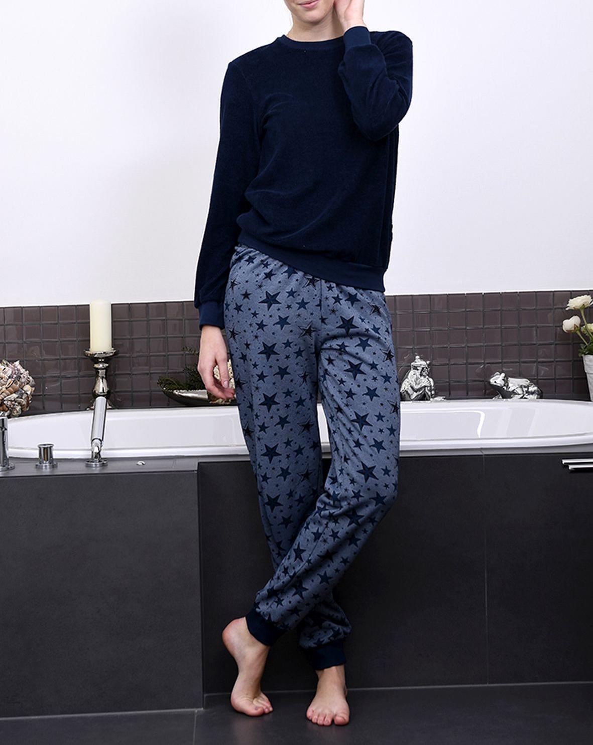 Damen Frottee Pyjama Schlafanzug mit Bündchen Sterne als Motiv - auch in Übergrößen 93020