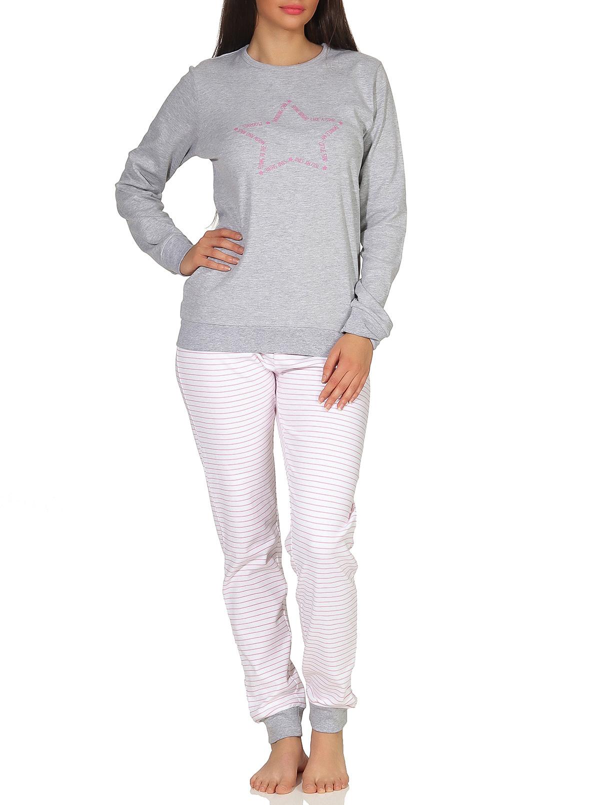Kuscheliger Damen Pyjama mit Bündchen, gestreifter Hose und Sternmotiv - auch in Übergrössen