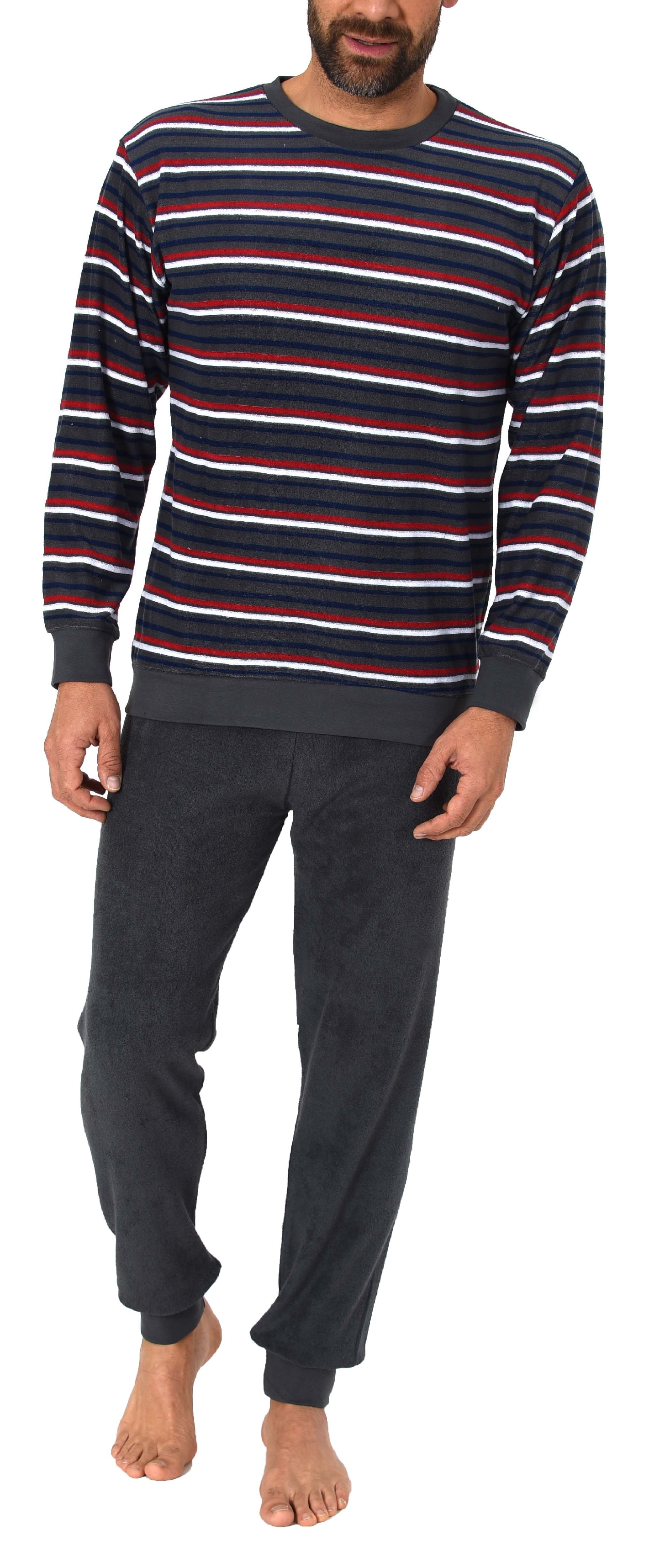Herren Frottee Pyjama langarm Schlafanzug mit Bündchen in Streifenoptik - 59885
