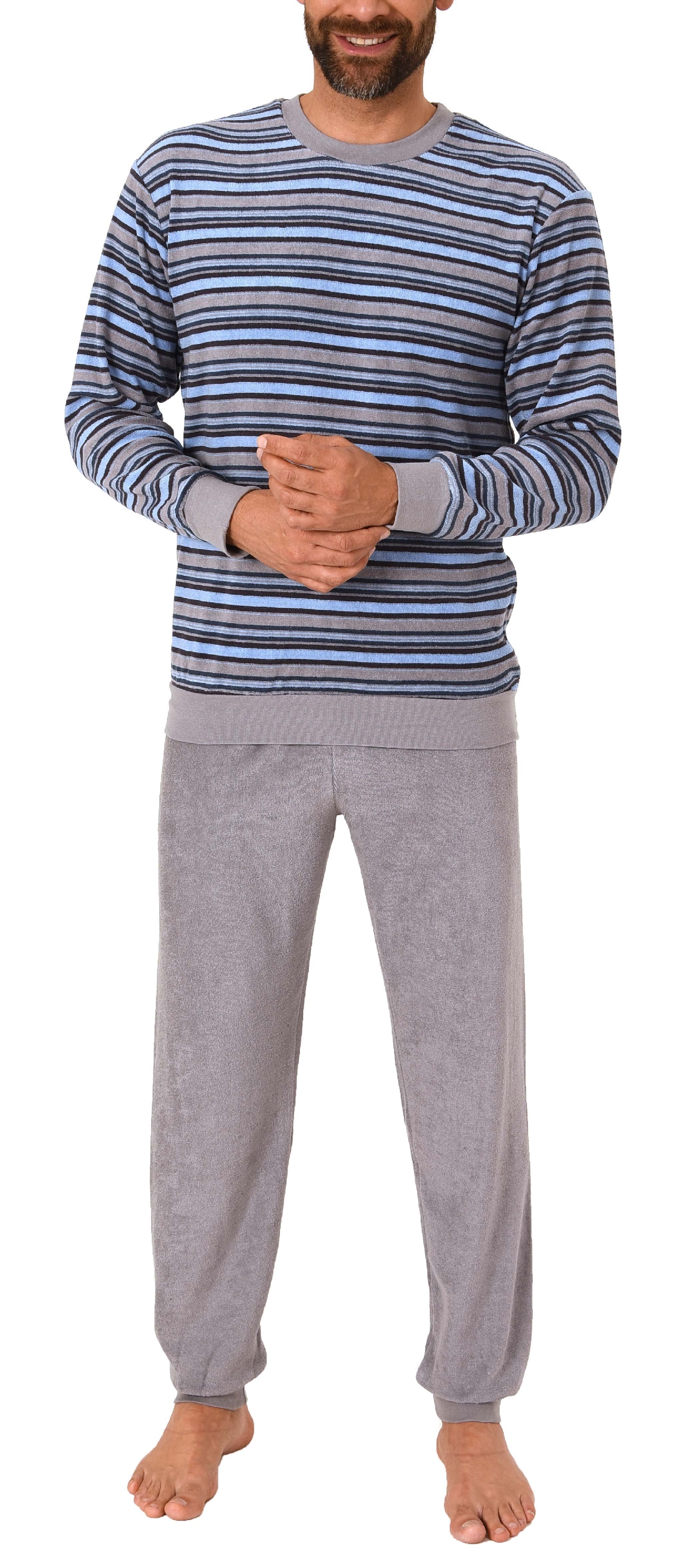 Eleganter Herren Frottee Pyjama langarm mit Bündchen in Streifenoptik - 291 101 13 576