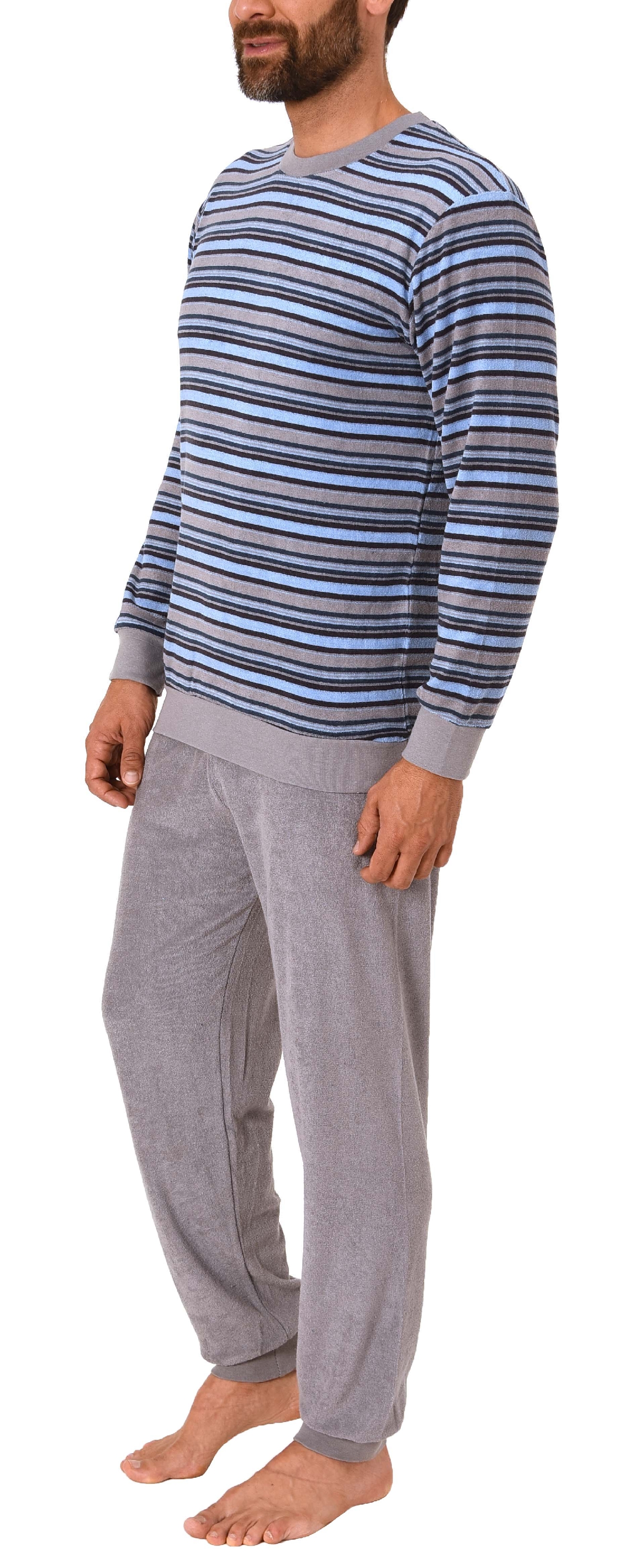 Eleganter Herren Frottee Pyjama langarm mit Bündchen in Streifenoptik - 291 101 13 576