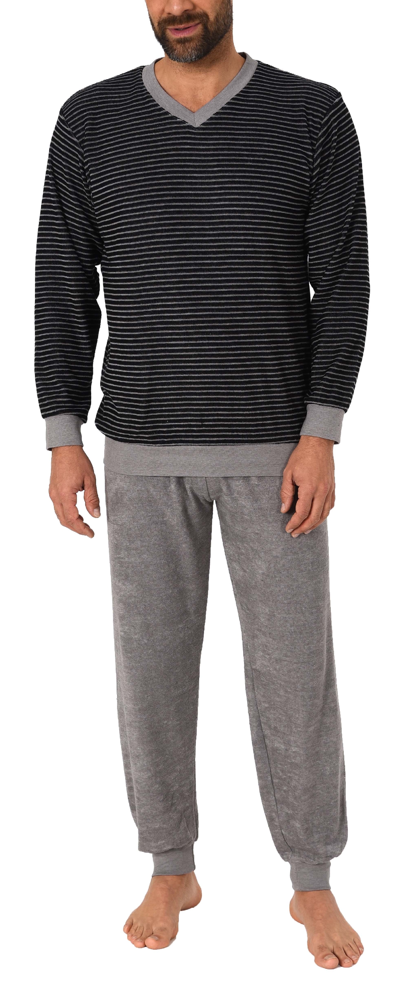 Lässiger Herren Frottee Pyjama langarm mit Bündchen in Ringel - Optik - 291 101 13 784 Lässiger Herren Frottee Pyjama langarm mit Bündchen in Ringel - Optik - 291 101 13 784