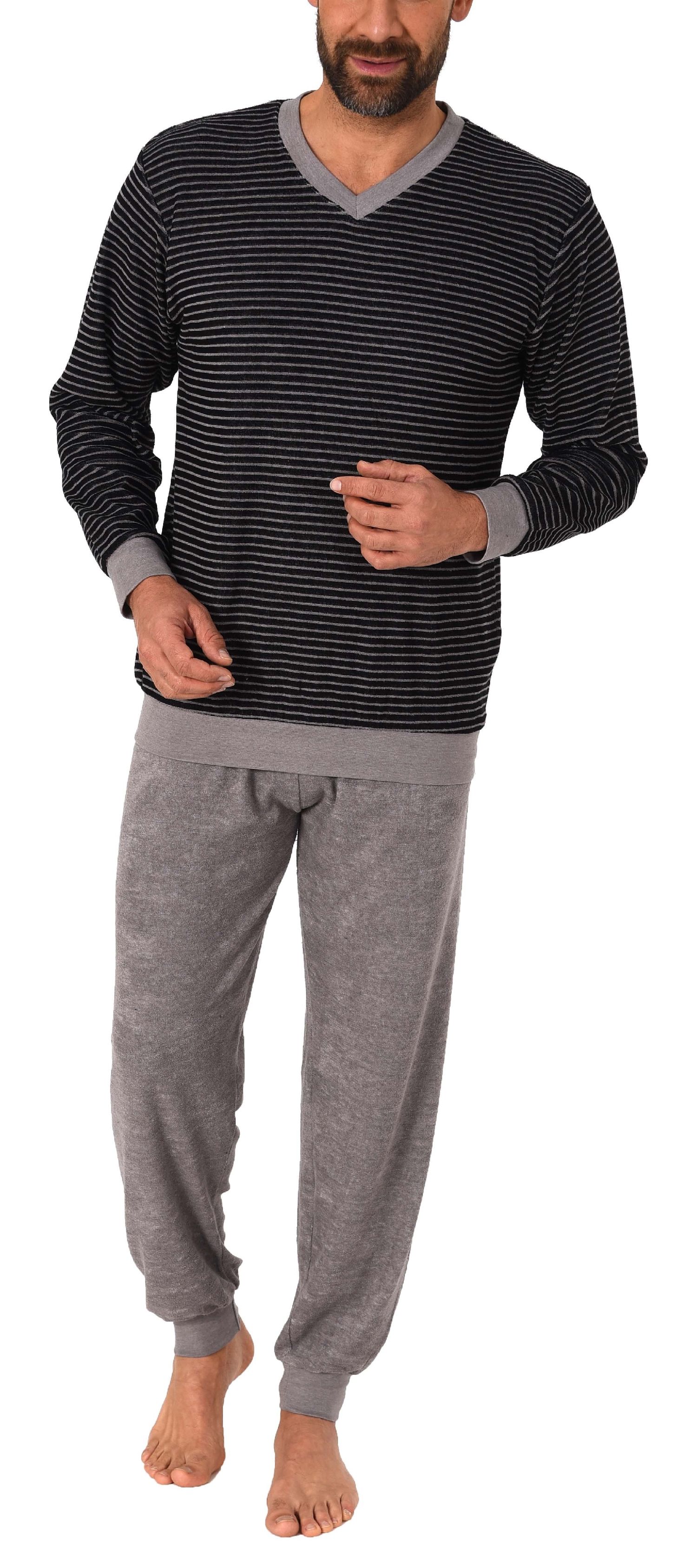 Lässiger Herren Frottee Pyjama langarm mit Bündchen in Ringel - Optik - 291 101 13 784